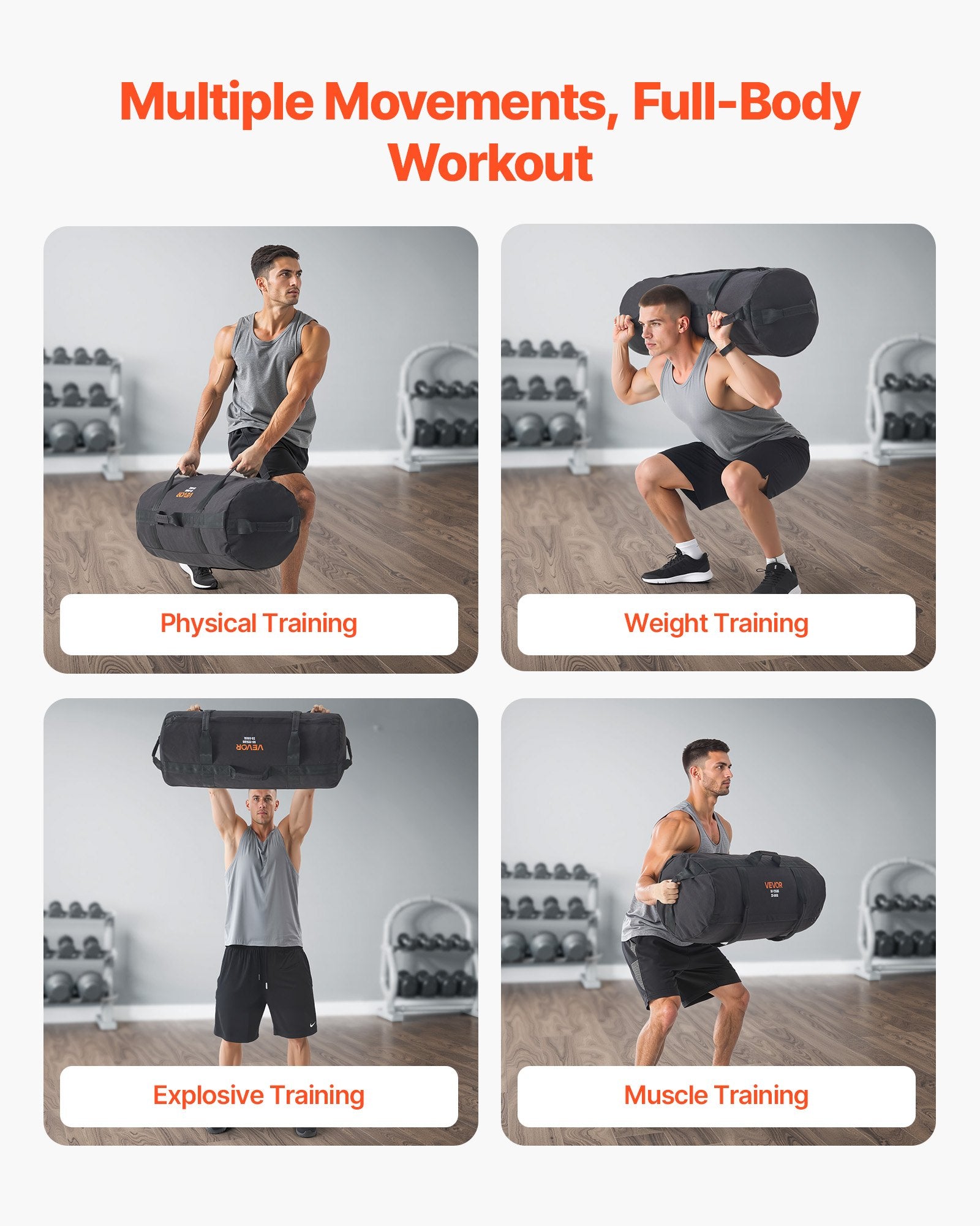 VEVOR Workout Sandbag, Heavy Duty Workout Power Bags with Handles, 23-56 kg Adjustable Slam Bag for Fitness Strength Weight Training Cross-Training, Home Gym Exercise, Black (Unfilled)