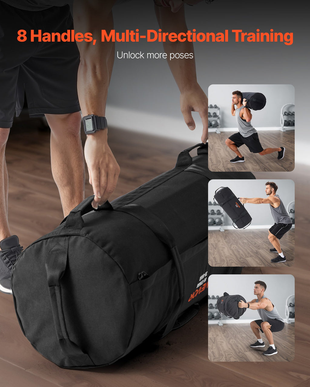 VEVOR Workout Sandbag, Heavy Duty Workout Power Bags with Handles, 23-56 kg Adjustable Slam Bag for Fitness Strength Weight Training Cross-Training, Home Gym Exercise, Black (Unfilled)