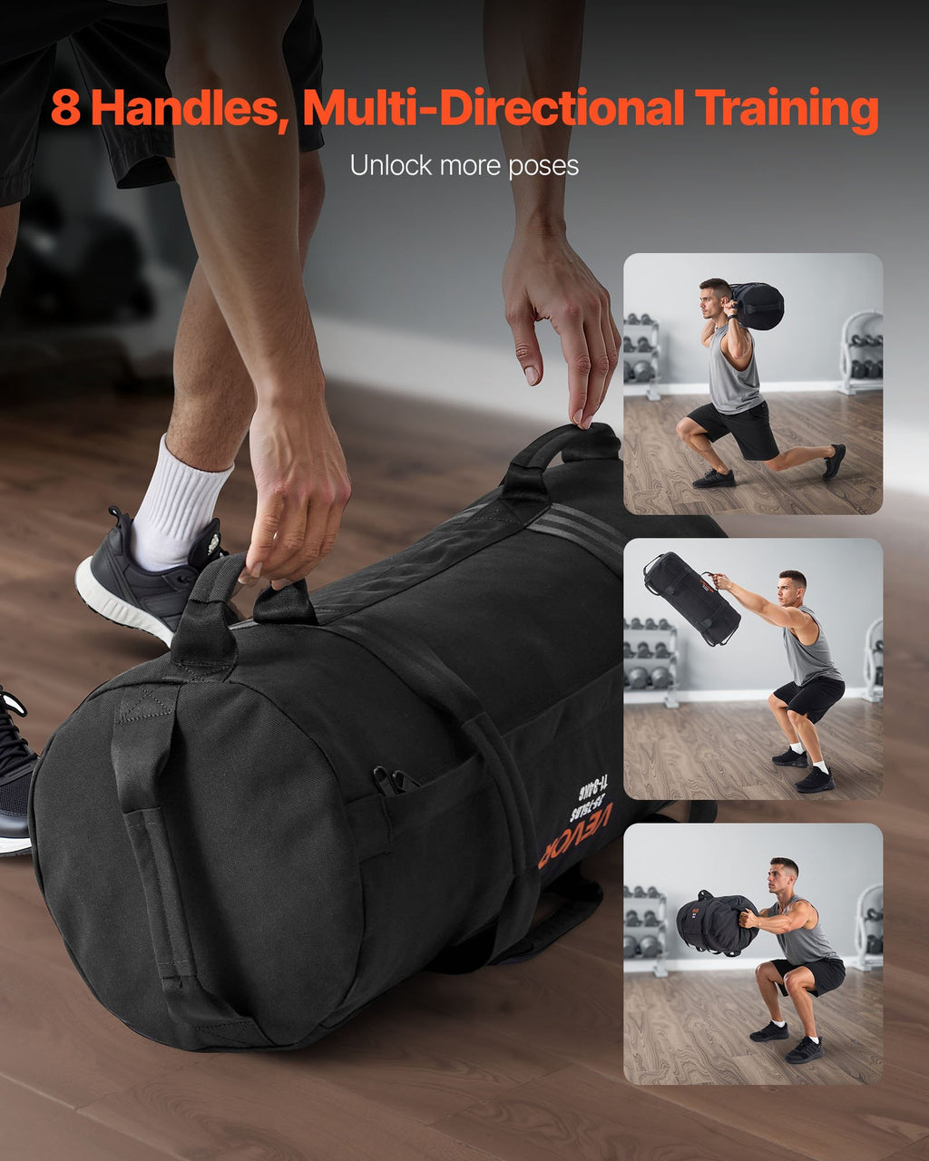 VEVOR Workout Sandbag, Heavy Duty Workout Power Bags with Handles, 11-34 kg Adjustable Slam Bag for Fitness Strength Weight Training Cross-Training, Home Gym Exercise, Black (Unfilled)