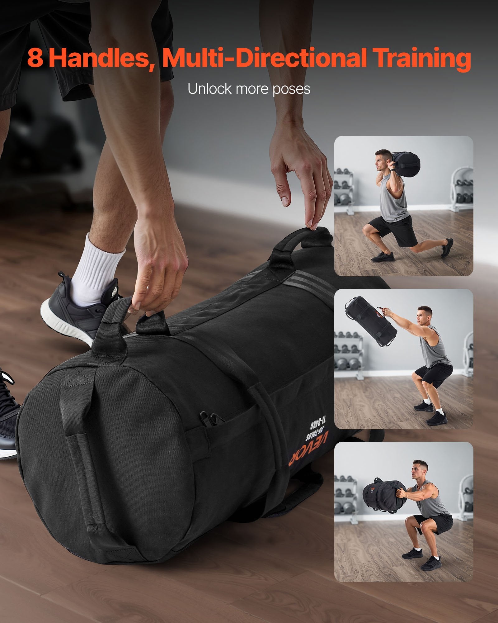 VEVOR Workout Sandbag, Heavy Duty Workout Power Bags with Handles, 11-34 kg Adjustable Slam Bag for Fitness Strength Weight Training Cross-Training, Home Gym Exercise, Black (Unfilled)