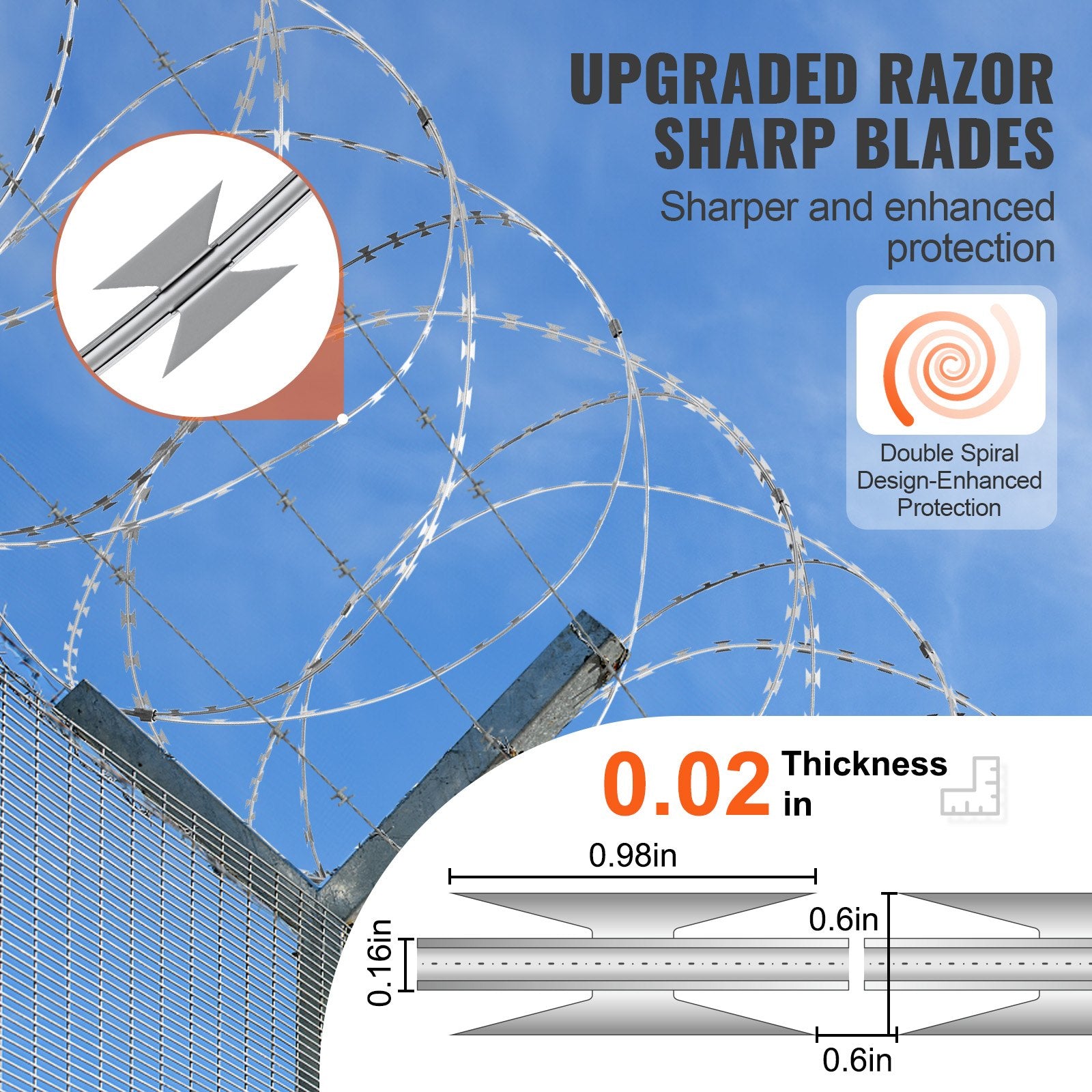 VEVOR Razor Wire Razor Barbed Wire 147ft 3Rolls Razor Wire Fencing Double Spiral