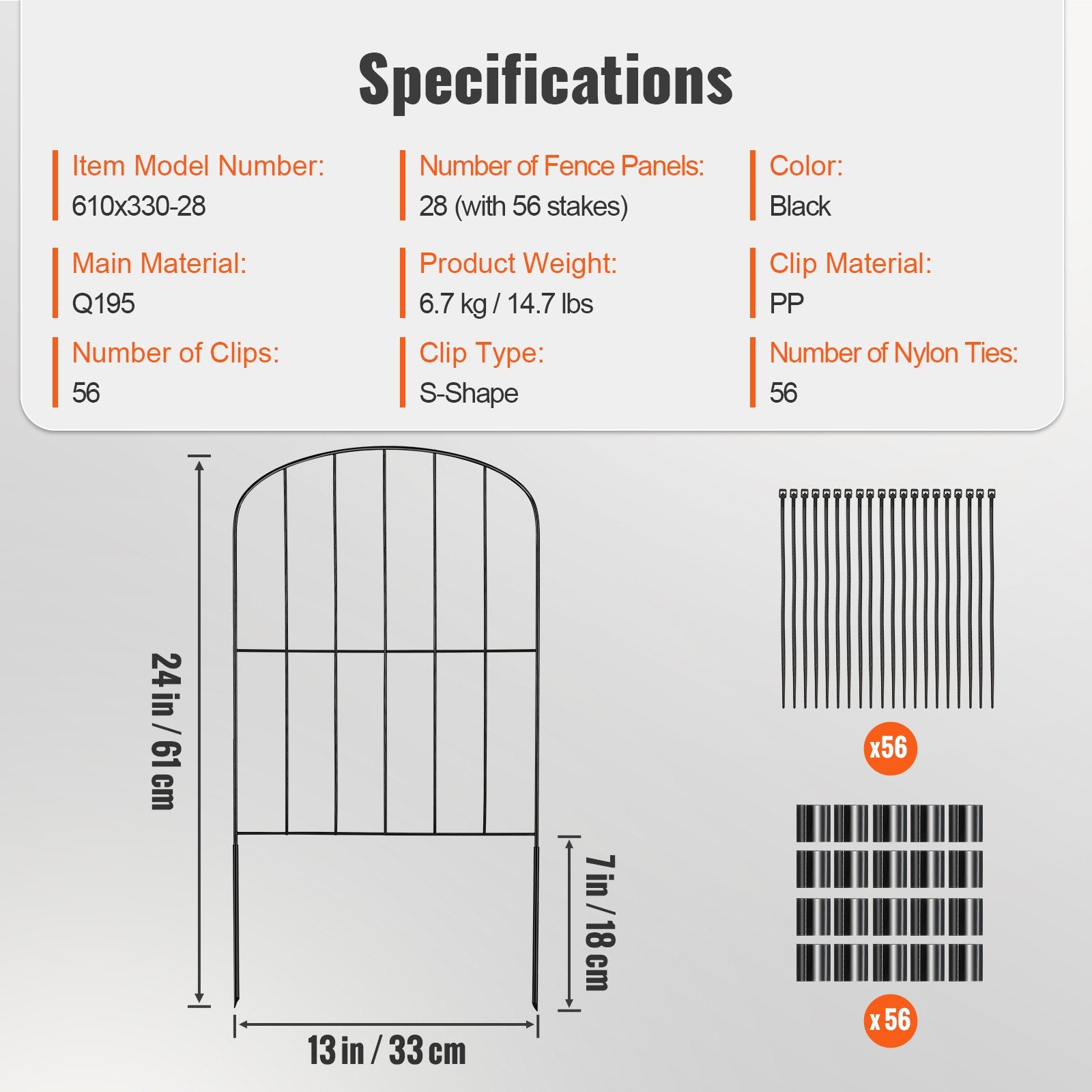 VEVOR Garden Fence, No Dig Fence 61 x 33 cm Animal Barrier Fence, Underground Decorative Garden Fencing with 5.08 cm Spike Spacing, Metal Dog Fence for the Yard and Outdoor Patio, 28 Pack