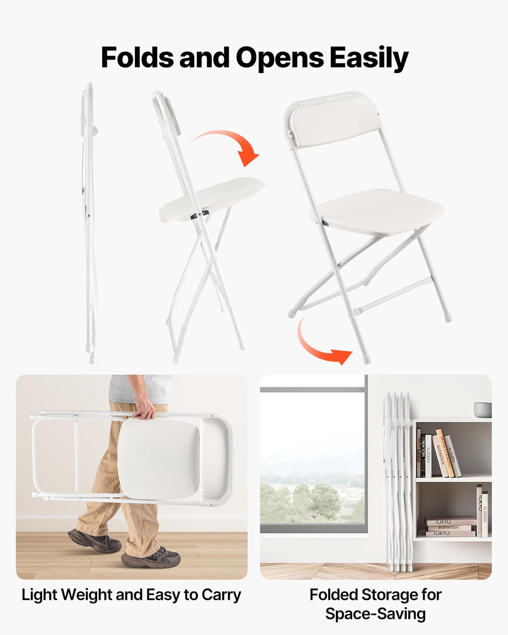 VEVOR 4 Pack Folding Chairs, Foldable Plastic Chairs with Heavy Duty Metal Frame, Portable Folding Card Table Chairs, Stackable Indoor Outdoor Seats for Home, Yard, Garden, Parties, Events, White