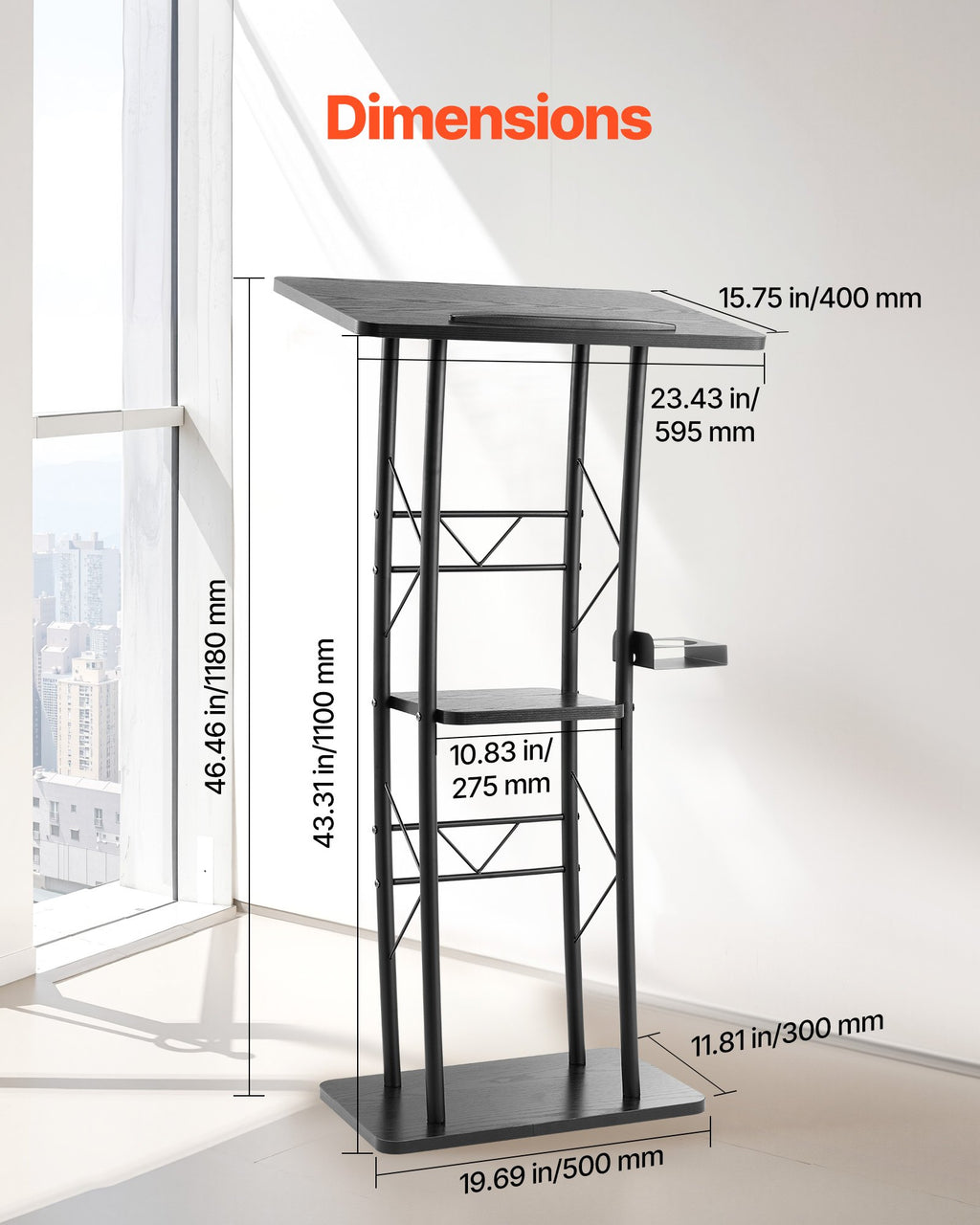 VEVOR Podium Stand, 1180 mm Metal Lectern, Curved Standing Podium  with Wide Reading Surface, Open Storage Compartment, Book Stopper, Cup Holder, for Classroom, Wedding, Conference, Speech, Concert