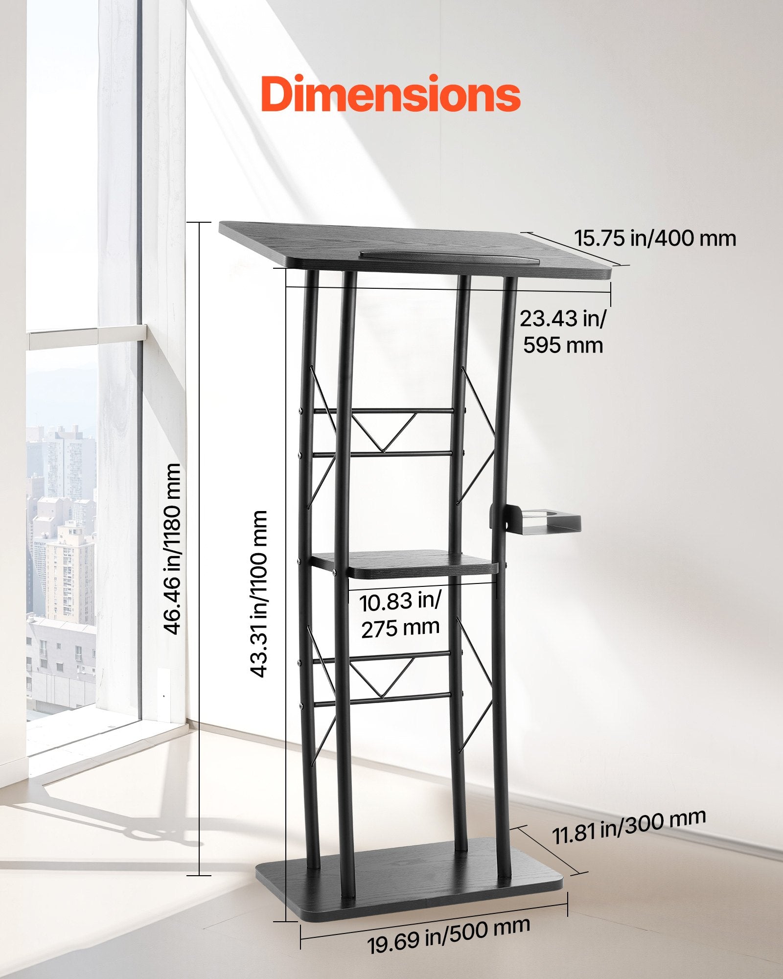 VEVOR Podium Stand, 1180 mm Metal Lectern, Curved Standing Podium  with Wide Reading Surface, Open Storage Compartment, Book Stopper, Cup Holder, for Classroom, Wedding, Conference, Speech, Concert