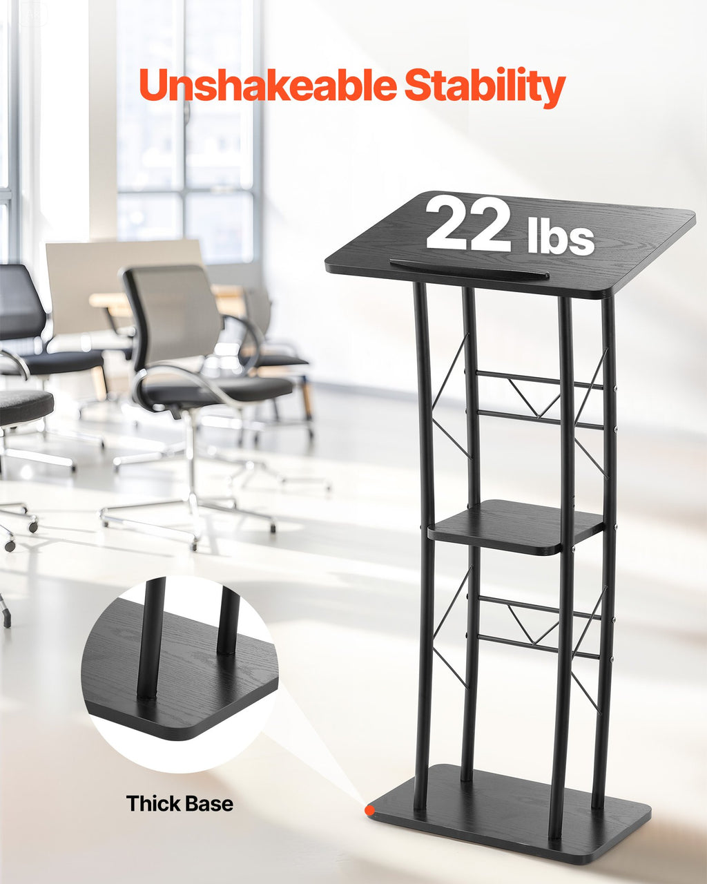 VEVOR Podium Stand, 1180 mm Metal Lectern, Curved Standing Podium  with Wide Reading Surface, Open Storage Compartment, Book Stopper, Cup Holder, for Classroom, Wedding, Conference, Speech, Concert