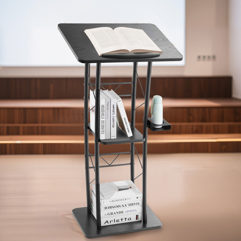 VEVOR Podium Stand, 1180 mm Metal Lectern, Curved Standing Podium  with Wide Reading Surface, Open Storage Compartment, Book Stopper, Cup Holder, for Classroom, Wedding, Conference, Speech, Concert