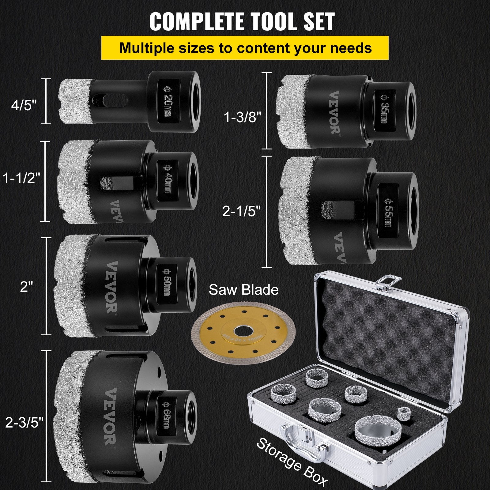 VEVOR Diamond Drill Bits 6PCS Diamond Hole Saw 20/35/40/50/55/68mm Tile Hole Saw Kit Vacuum Brazed Diamond Drill Bit 0.59in/15mm Segment Tile Hole Saw w Storage Case for Tile Ceramic Porcelain Marble