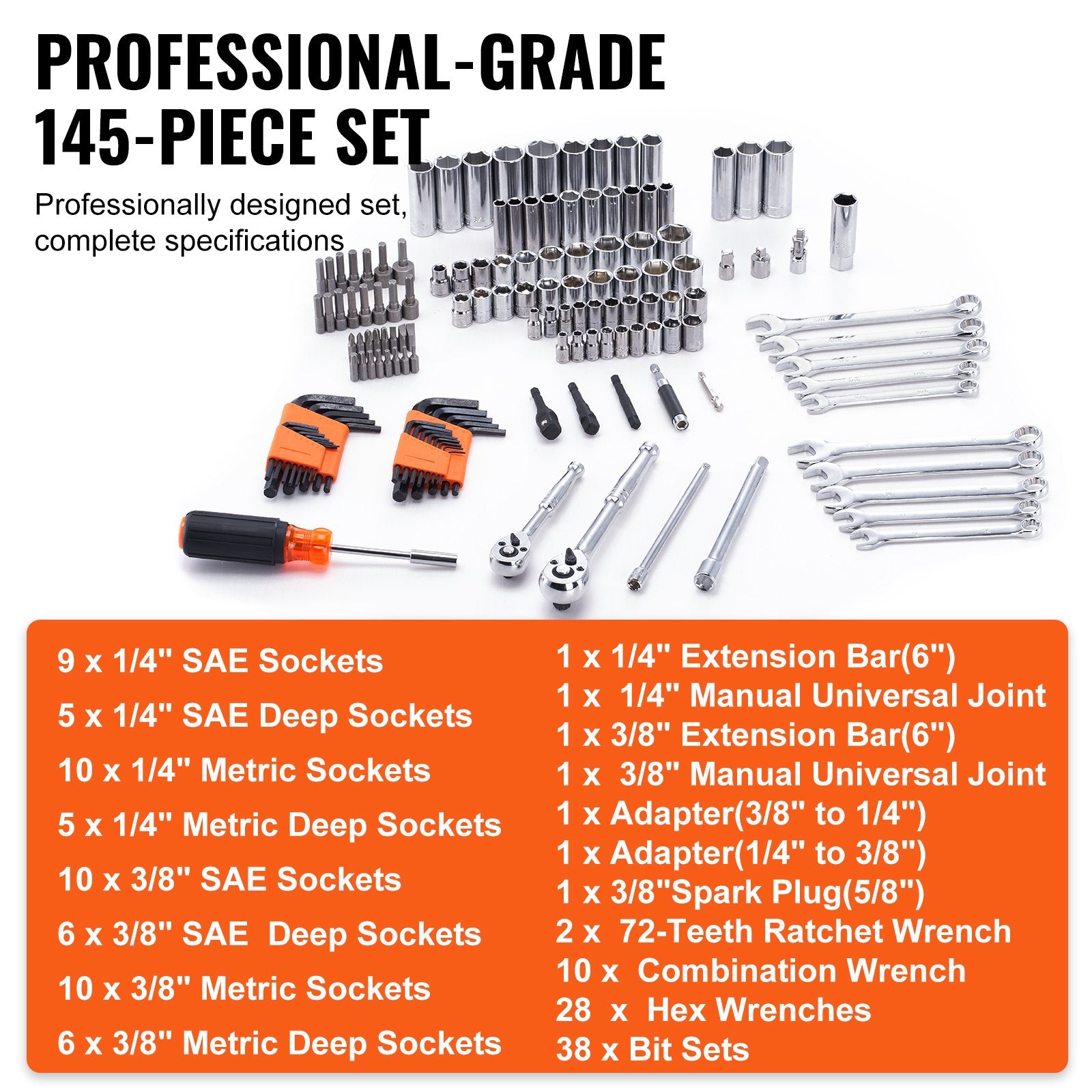 VEVOR Mechanics Tool Set and Socket Set 1/4in 3/8in Drive 145 Pcs SAE and Metric