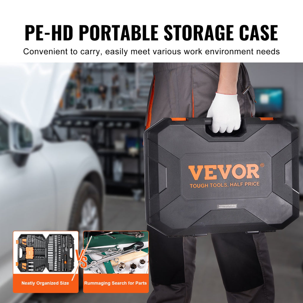 VEVOR Mechanics Tool Set and Socket Set 1/4in 3/8in Drive 145 Pcs SAE and Metric