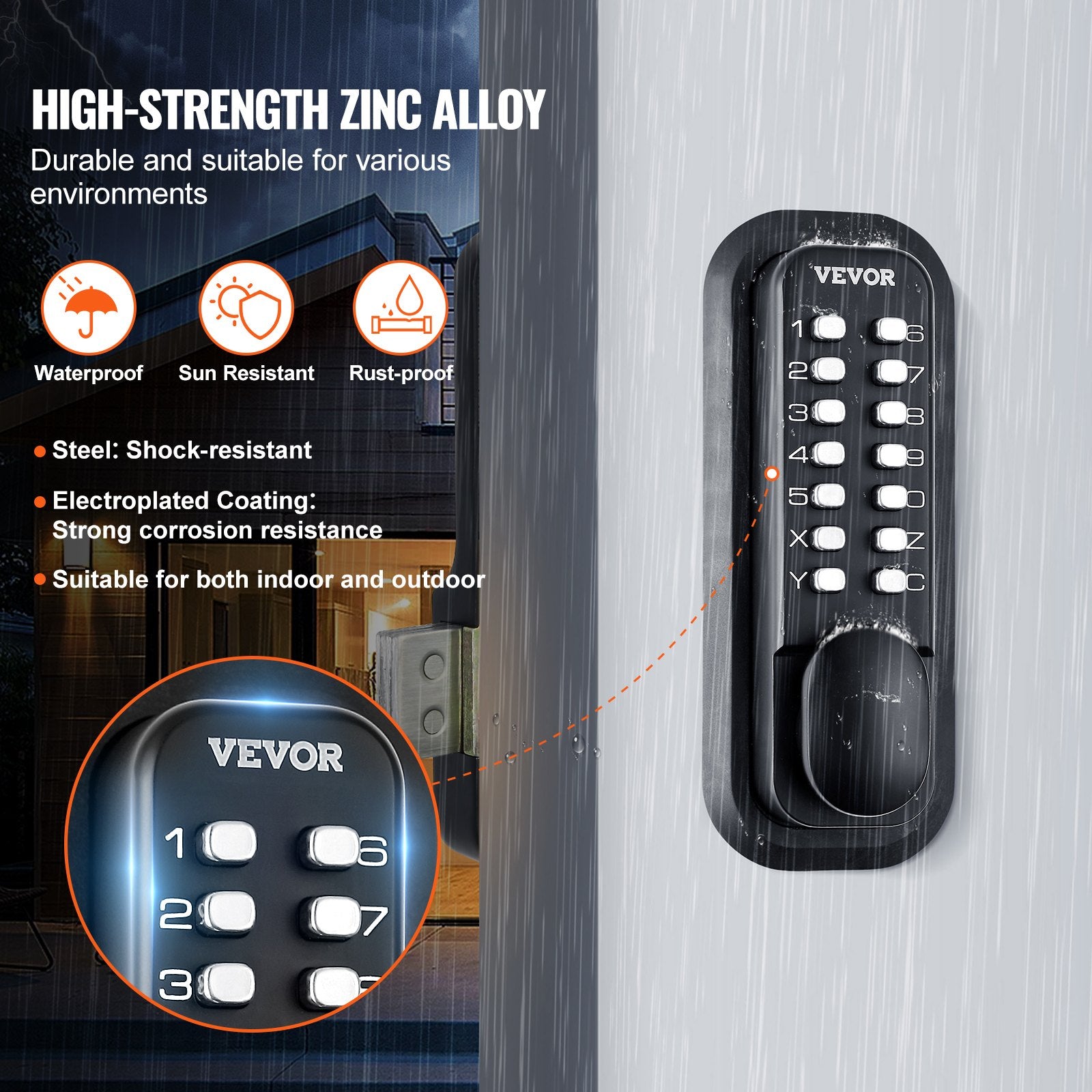 VEVOR Mechanical Keyless Entry Door Lock, 14 Digit Keypad, Water-proof Zinc Alloy, Outdoor Gate Door Locks Set with Surface-mounted Latch, Keypad and Knob, Easy to Install, for Garden, Garage, Yard
