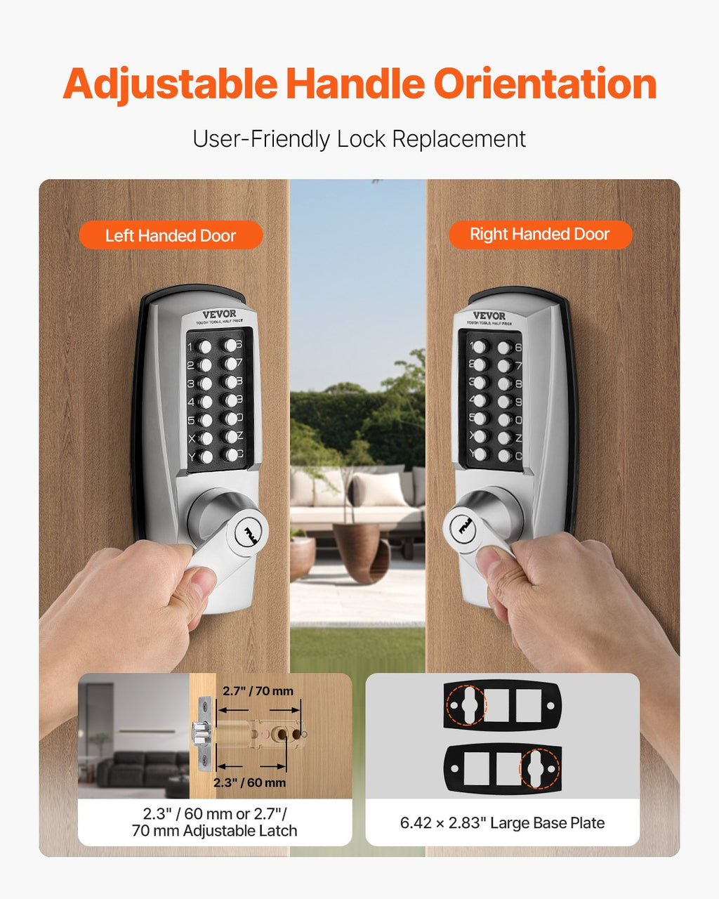 VEVOR Mechanical Keyless Entry Door Lock, 14 Key Mechanical Door Lock with Keys, Mechanical Keypad Door Lock with Handle, Stainless Steel Waterproof Keyless Gate Lock, for Home Office Outdoor Garage