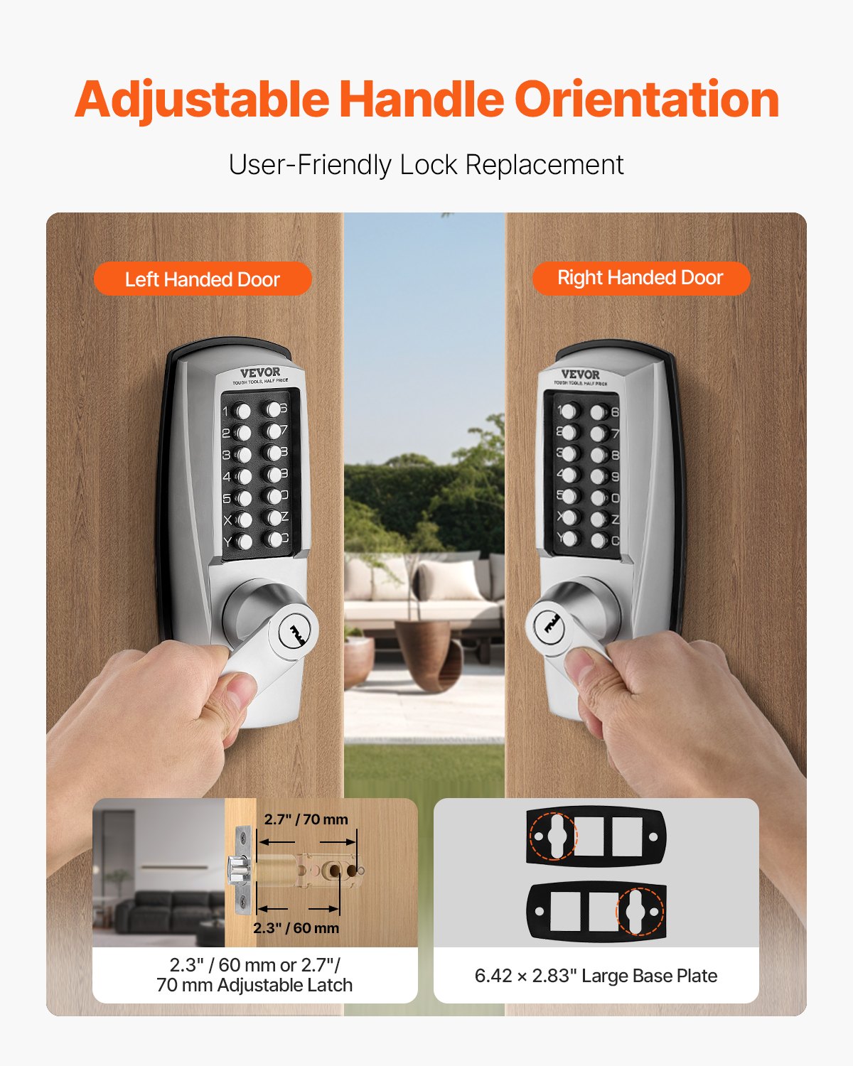 VEVOR Mechanical Keyless Entry Door Lock, 14 Key Mechanical Door Lock with Keys, Mechanical Keypad Door Lock with Handle, Stainless Steel Waterproof Keyless Gate Lock, for Home Office Outdoor Garage