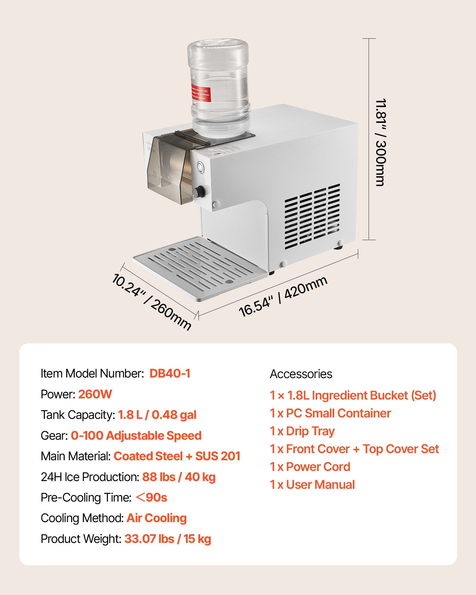 VEVOR Snowflake Ice Machine, 40KG/24H Snowflake Ice Maker, Ice-Shaver Machine with Stainless Steel Blade, Electric Snow Cone Maker with 1.8L Tank, 90S Fast Pre-Cooling, for Home & Small Gatherings