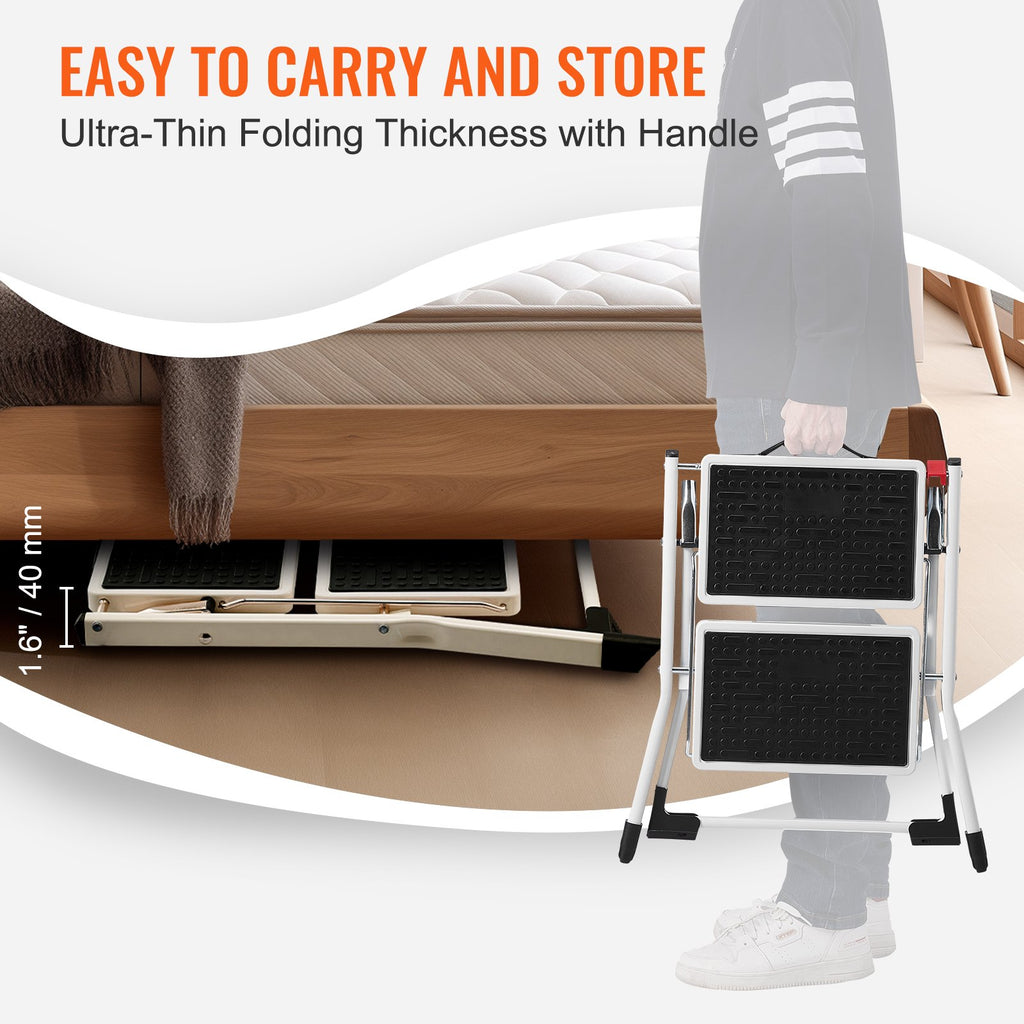 VEVOR Step Ladder 2-Step 150kg Capacity, Ergonomic Folding Steel Step Stool with Wide Anti-Slip Pedal, Sturdy Step Stool for Adults Toddlers, Multi-Use for Household, Kitchen, Office, RVs