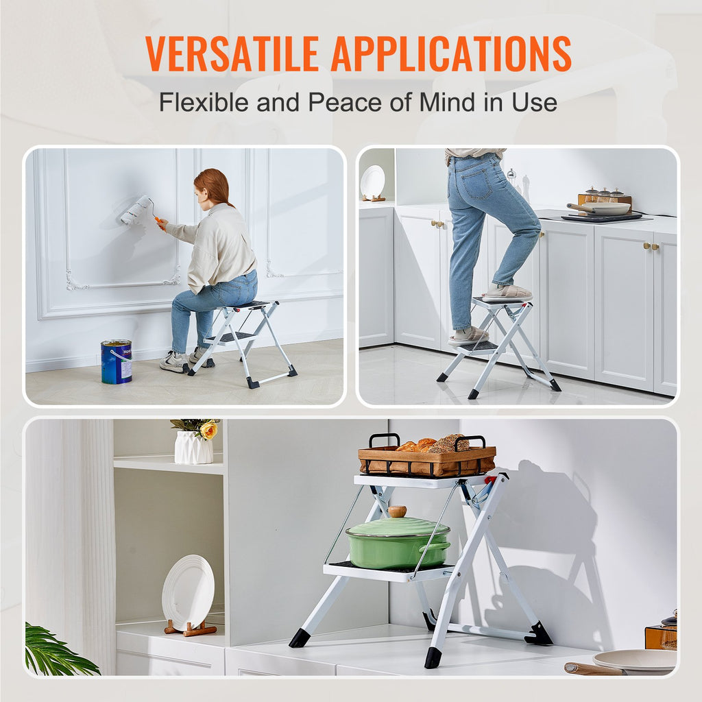 VEVOR Step Ladder 2-Step 150kg Capacity, Ergonomic Folding Steel Step Stool with Wide Anti-Slip Pedal, Sturdy Step Stool for Adults Toddlers, Multi-Use for Household, Kitchen, Office, RVs