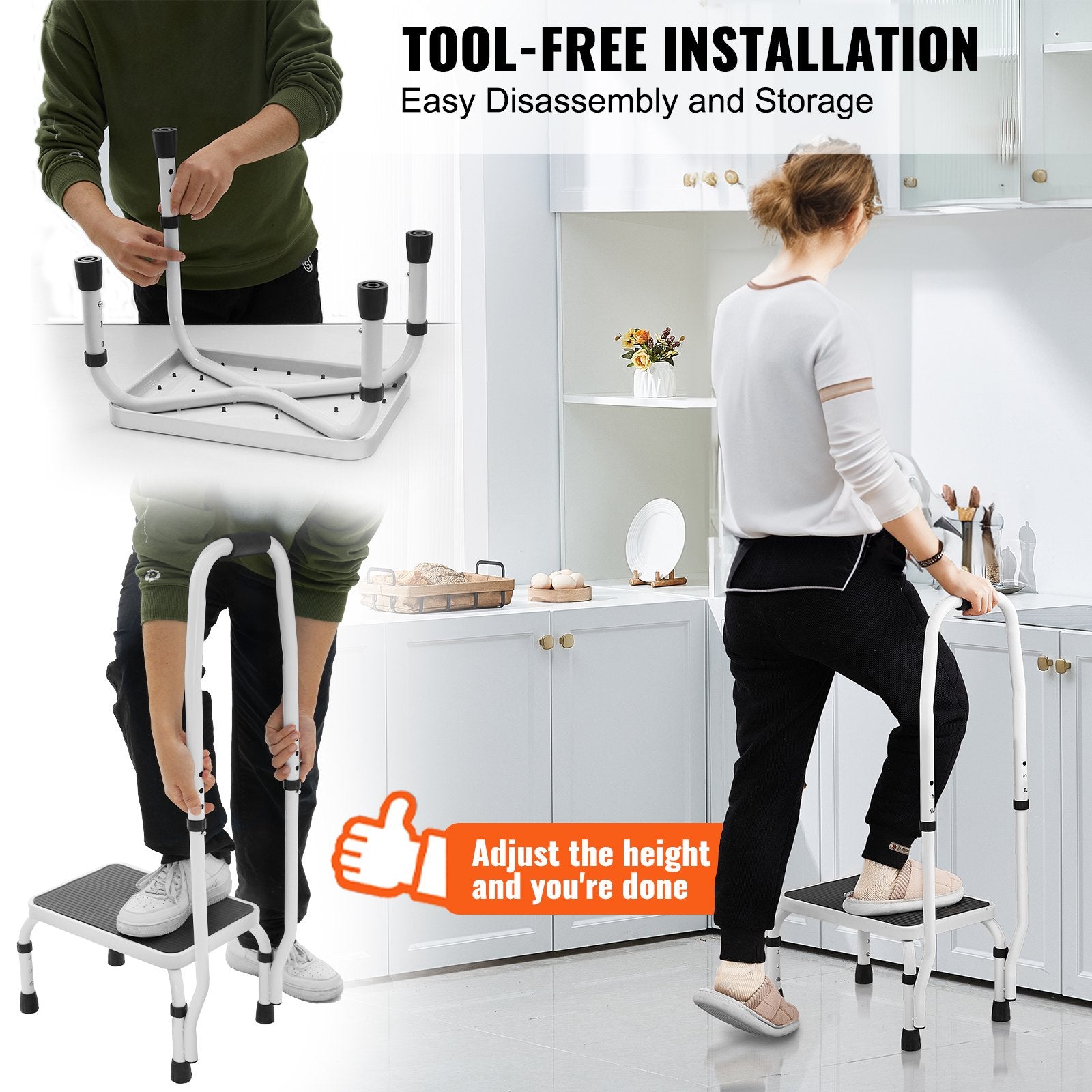VEVOR Step Stool 1-Step 150KG Capacity, 3 Adjustable Height with Handle Steel Step Ladder, Portable Toddler Step Stools for Adults, Non-Slip Sturdy Step Ladders for Office, RVs, Pets
