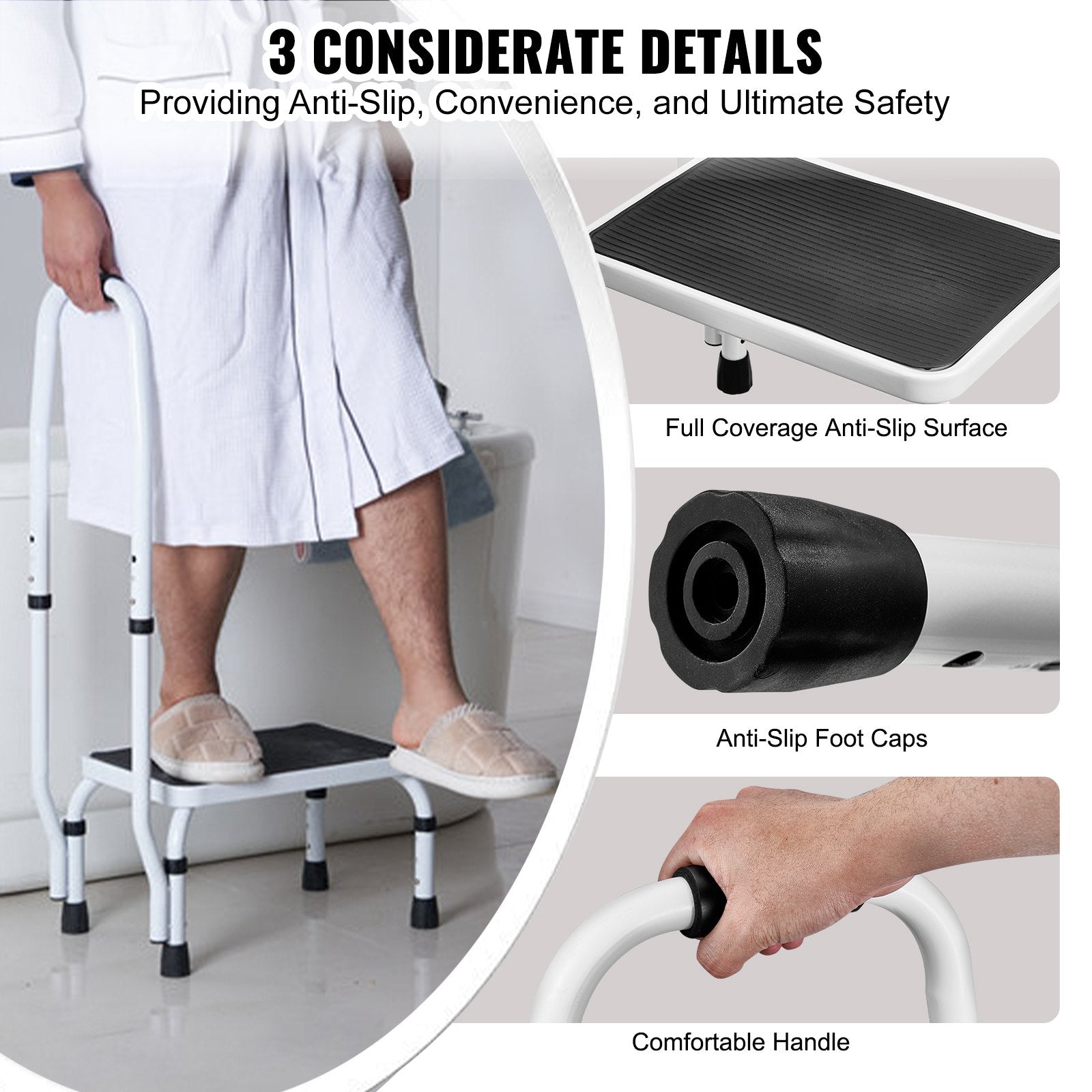 VEVOR Step Stool 1-Step 150KG Capacity, 3 Adjustable Height with Handle Steel Step Ladder, Portable Toddler Step Stools for Adults, Non-Slip Sturdy Step Ladders for Office, RVs, Pets