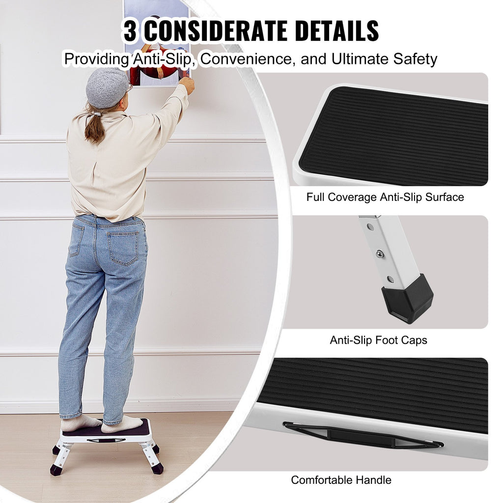 VEVOR Step Stool 1-Step 150KG Capacity, Folding Steel Step Ladder 3 Adjustable Height, Portable Toddler Step Stools for Adults, Non-Slip Sturdy Step Ladders for Office, RVs, Pets, Bathrooms,Bedrooms
