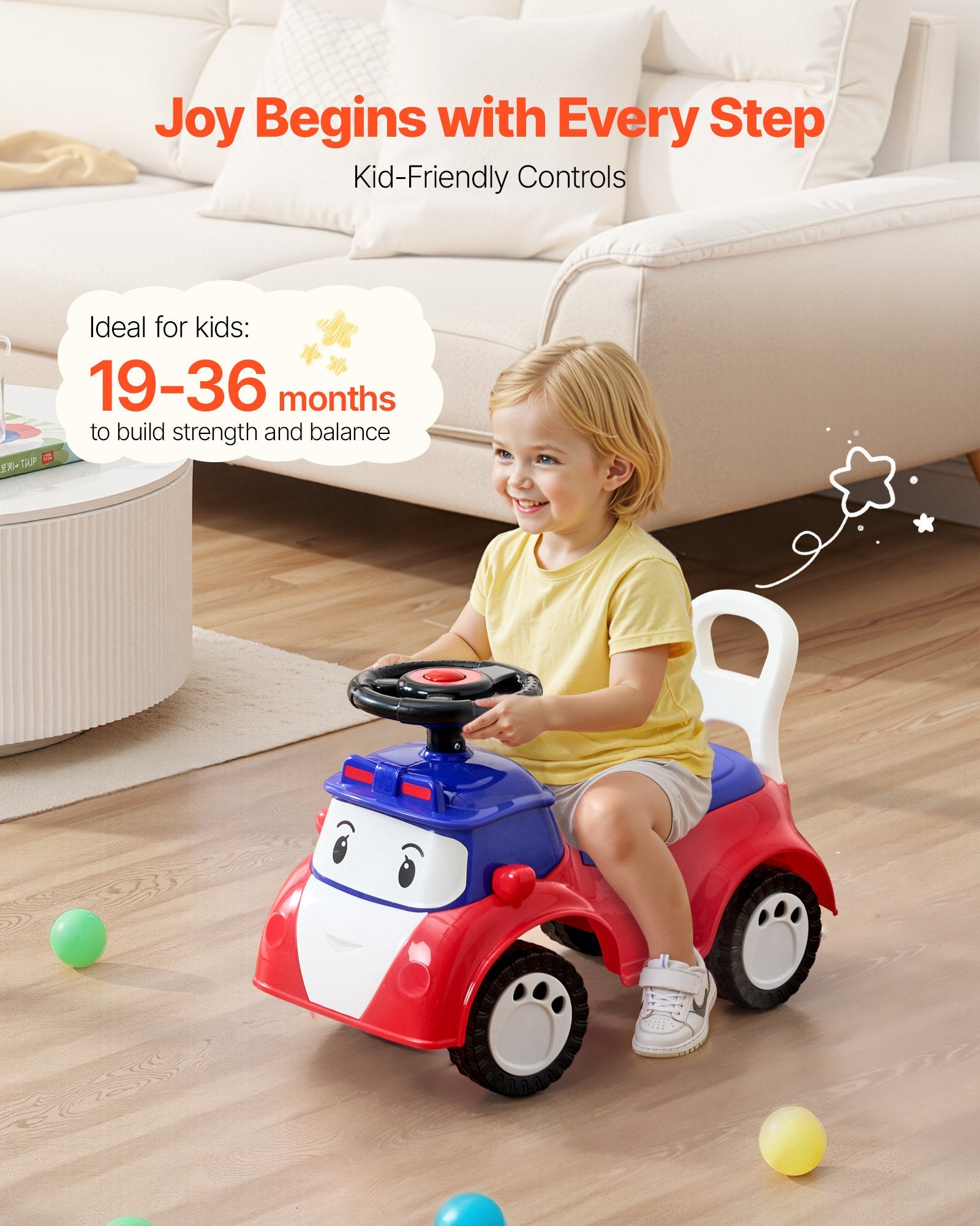 VEVOR Ride On Toddler Push Car, Push Car for Toddler 19 to 36 Months, Kids Ride On Toy with Music & Under-seat Storage, 25 kg Load Capacity, Foot-to-Floor Walker for Toddlers Boys Girls, Red