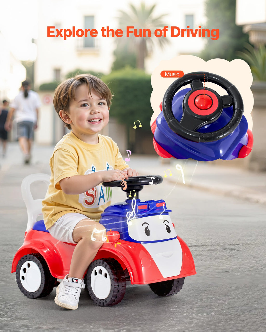 VEVOR Ride On Toddler Push Car, Push Car for Toddler 19 to 36 Months, Kids Ride On Toy with Music & Under-seat Storage, 25 kg Load Capacity, Foot-to-Floor Walker for Toddlers Boys Girls, Red