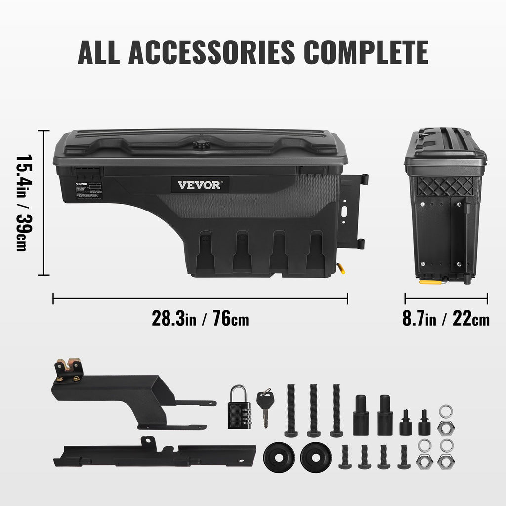 VEVOR Truck Bed Storage Box, Lockable Swing Case with Password Padlock, 6.6 Gal/25 L ABS Wheel Well Tool Box, Waterproof and Durable, Compatible with Ford F-150 2015-2021, Passenger Side