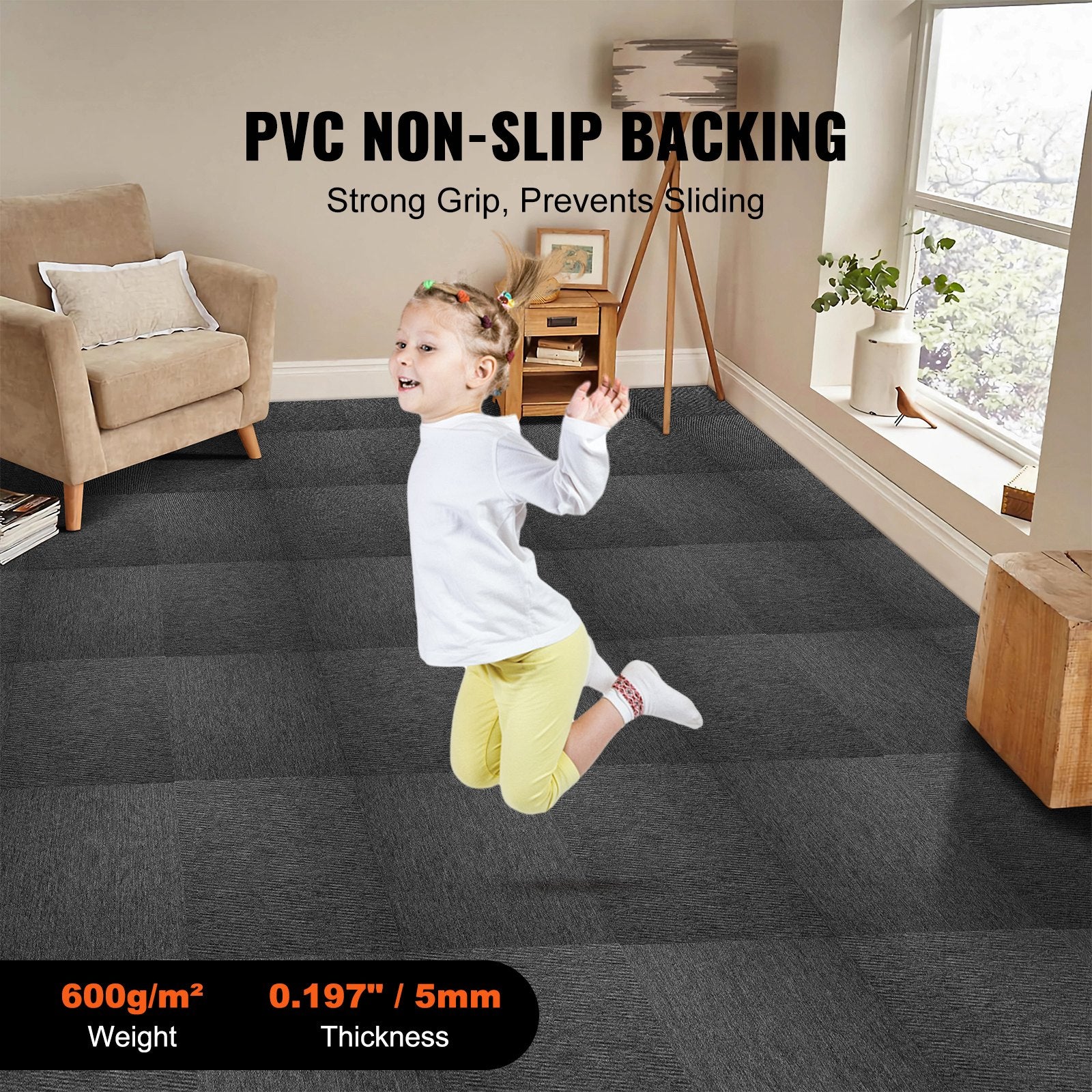 VEVOR Carpet Tiles Reusable, 20"x 20" Carpet Squares With Padding Attached, Soft Padded Carpet Tiles, Easy Install DIY for Bedroom Living Room Indoor Outdoor (20 Tiles, Dark Gray)