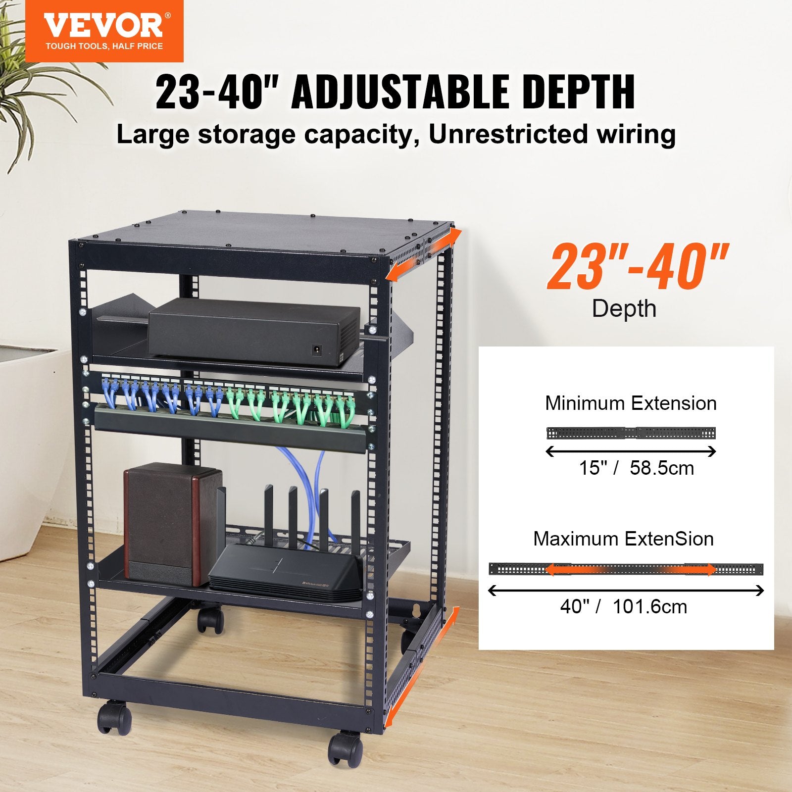 VEVOR 15U Open Frame Server Rack, 23-40 in Adjustable Depth, Free Standing or Wall Mount Network Server Rack, 4 Post AV Rack with Casters, Holds All Your Networking IT Equipment AV Gear Router Modem