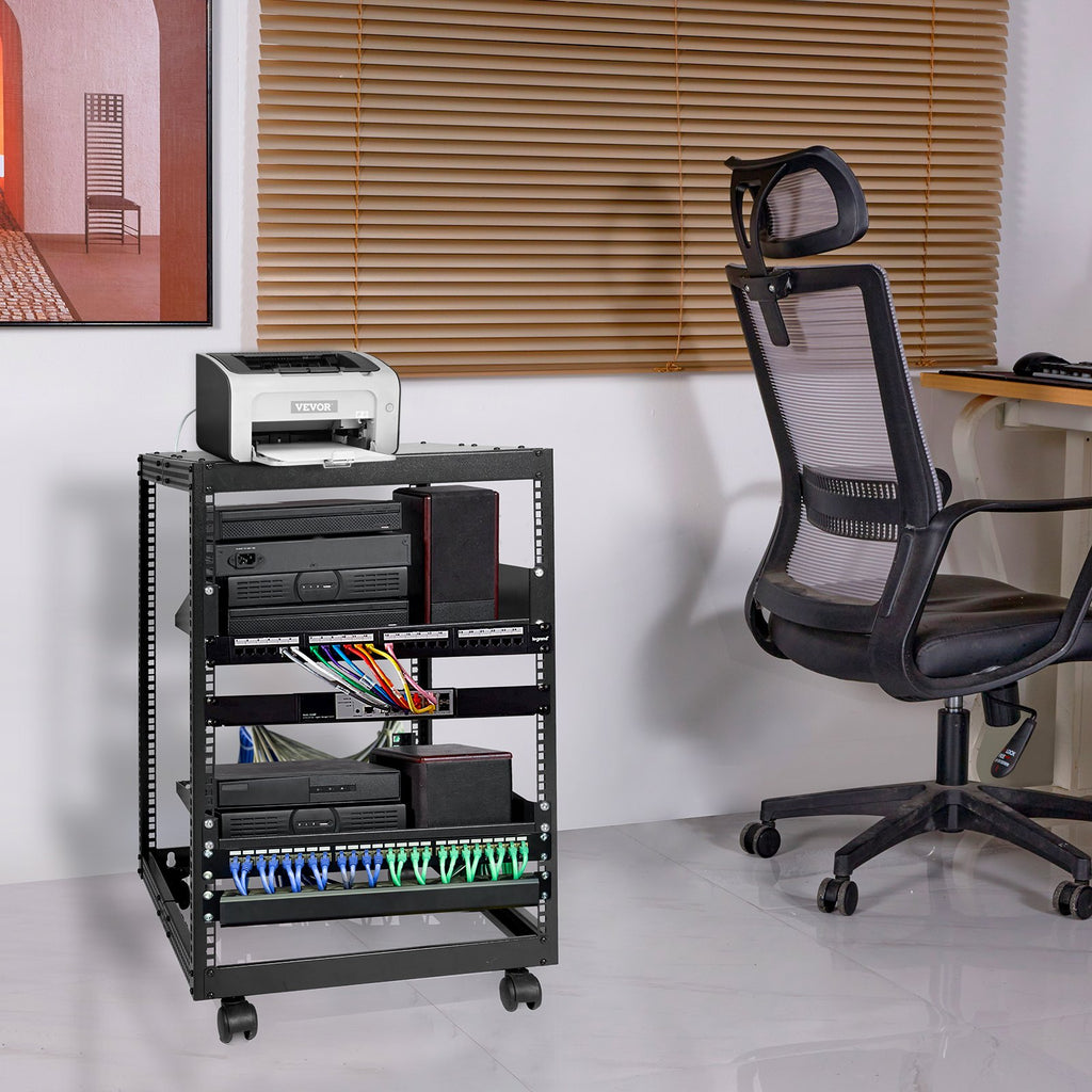 VEVOR 15U Open Frame Server Rack, 23-40 in Adjustable Depth, Free Standing or Wall Mount Network Server Rack, 4 Post AV Rack with Casters, Holds All Your Networking IT Equipment AV Gear Router Modem