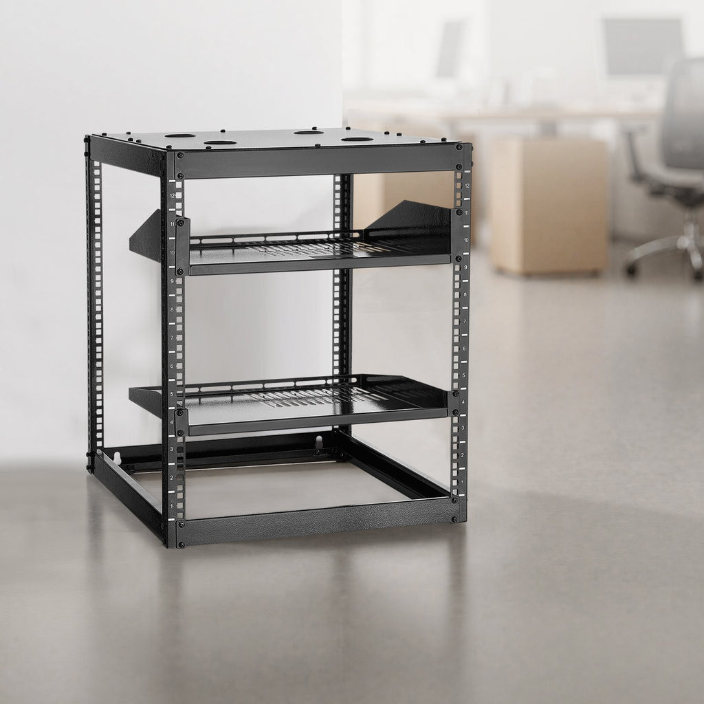 VEVOR 12U Open Frame Network Rack, 585 mm Depth, Wall Mounted or Floor Standing Server Rack, Heavy Duty 4 Post, with Vented Shelves & Mounting Hardware, Holds All Your Networking IT Equipment AV Gear