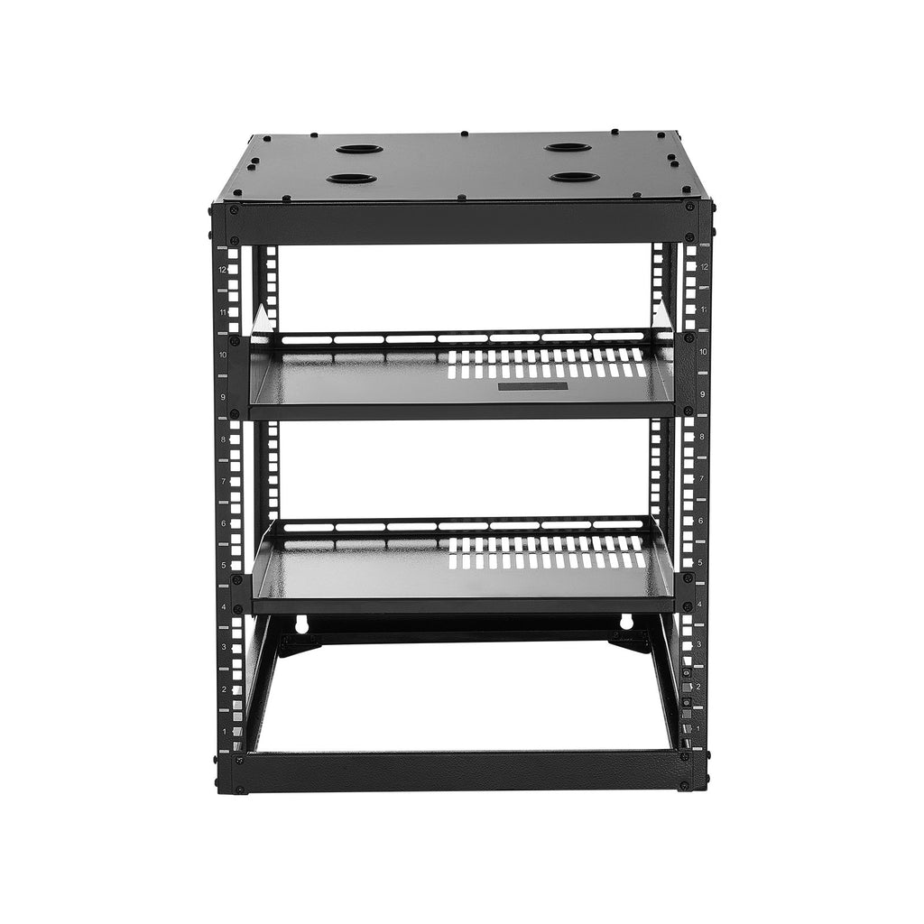 VEVOR 12U Open Frame Network Rack, 585 mm Depth, Wall Mounted or Floor Standing Server Rack, Heavy Duty 4 Post, with Vented Shelves & Mounting Hardware, Holds All Your Networking IT Equipment AV Gear