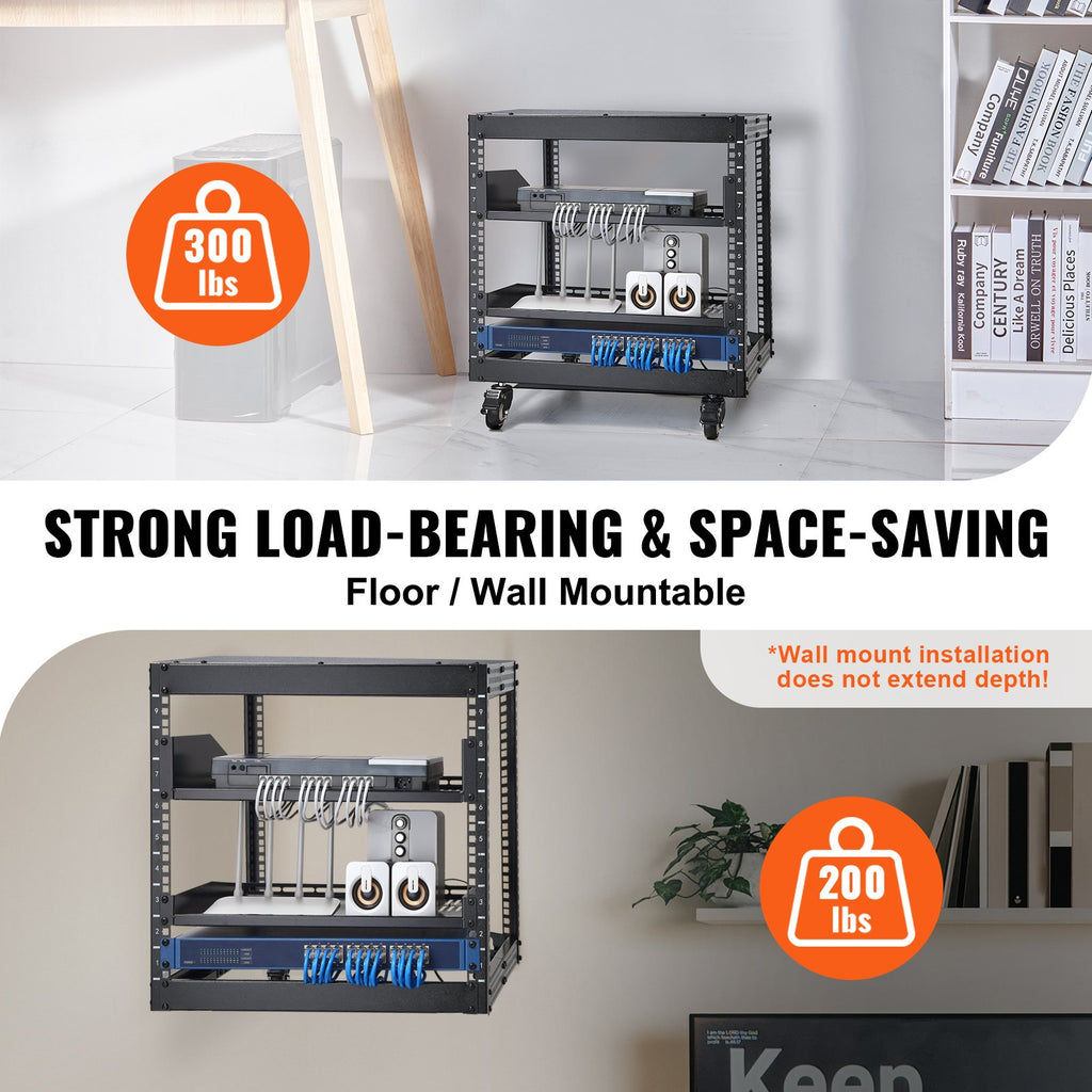 VEVOR 9U Open Frame Server Rack, 584.2 to 1016 mm Adjustable Depth, Free Standing or Wall Mount Network Server Rack with 360° Casters, Heavy Duty 4 Post Holds All Your Networking IT Equipment AV Gear