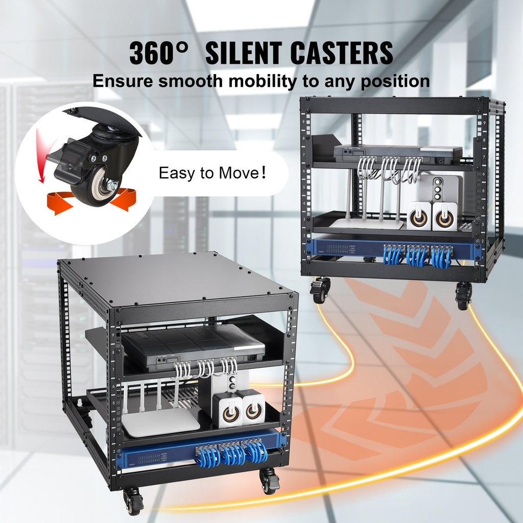 VEVOR 9U Open Frame Server Rack, 584.2 to 1016 mm Adjustable Depth, Free Standing or Wall Mount Network Server Rack with 360° Casters, Heavy Duty 4 Post Holds All Your Networking IT Equipment AV Gear