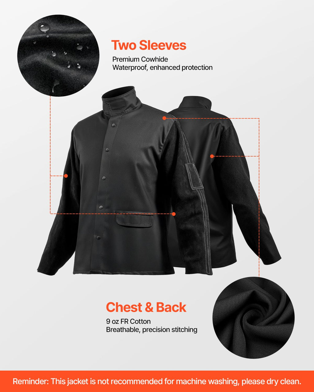 VEVOR FR Welding Jacket L Size Heavy Duty Cowhide Leather & 9oz FR Cotton