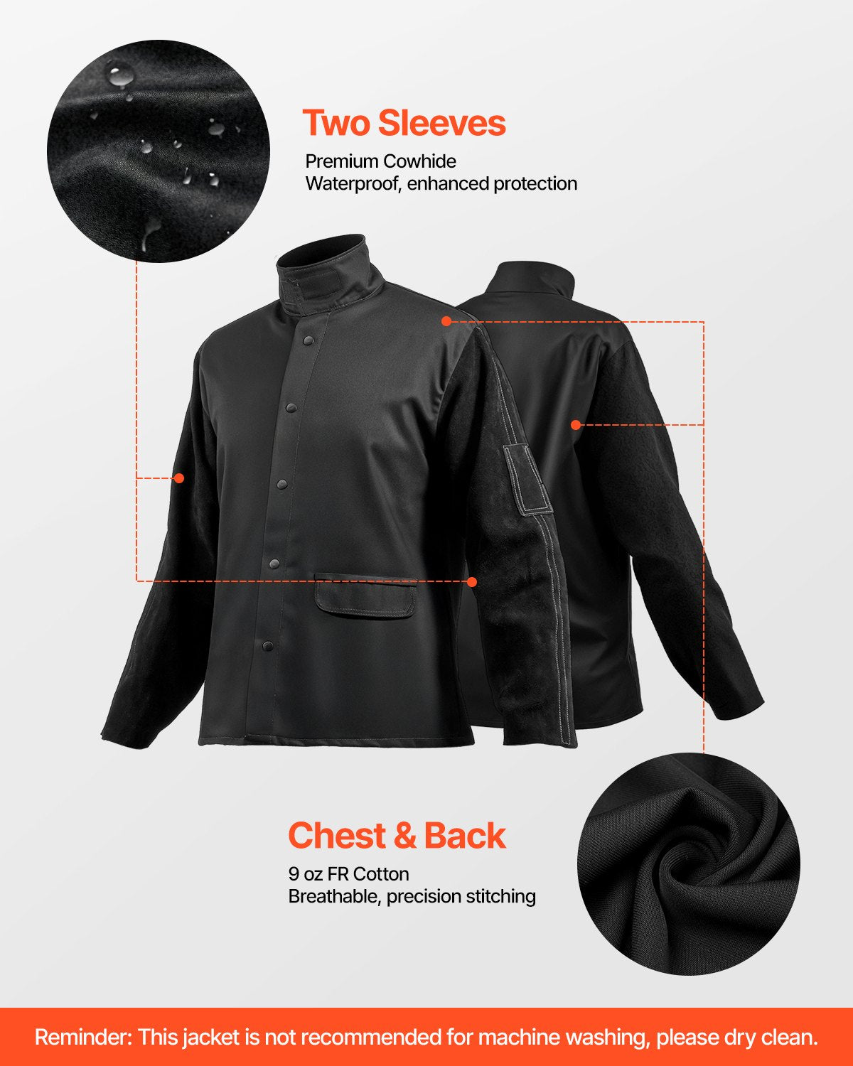 VEVOR FR Welding Jacket L Size Heavy Duty Cowhide Leather & 9oz FR Cotton