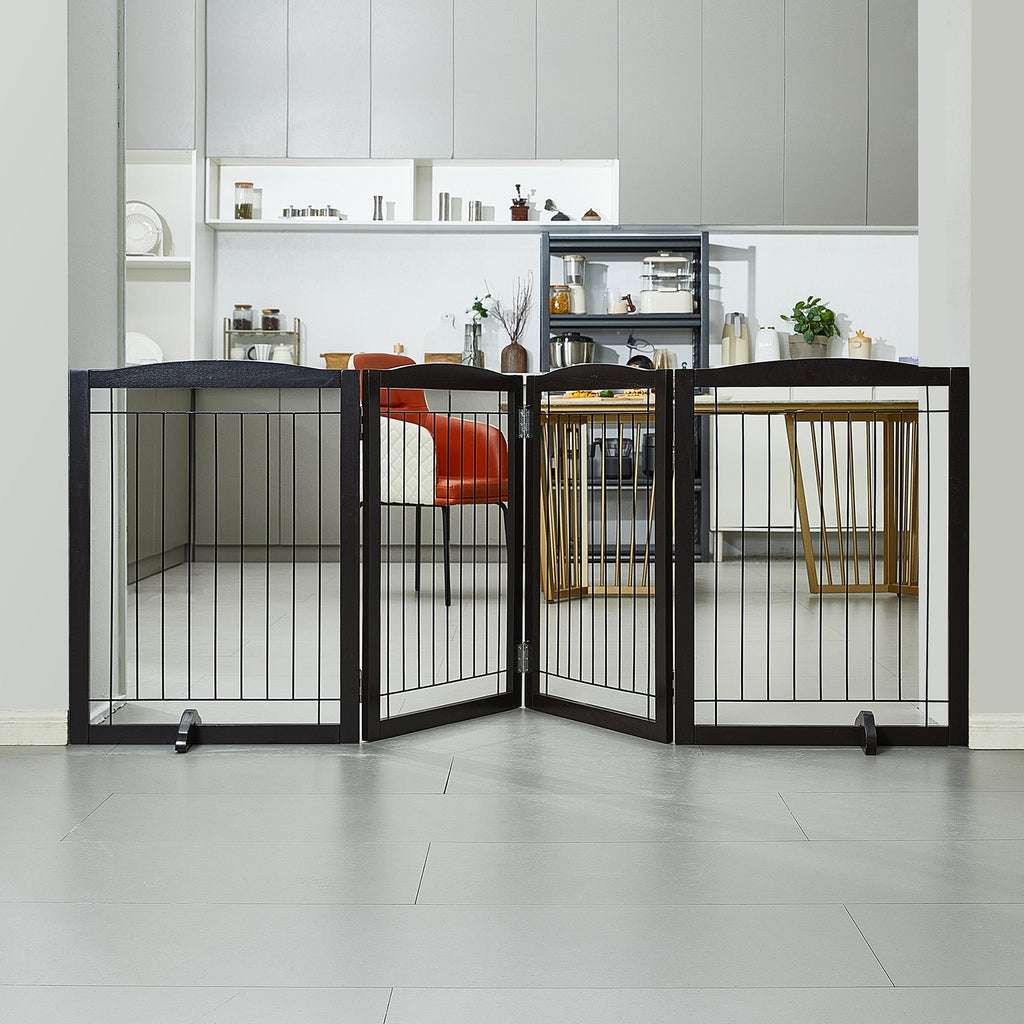 VEVOR Free Standing Dog Gate 32x96.5 inch Freestanding Pet Gate Foldable Brown
