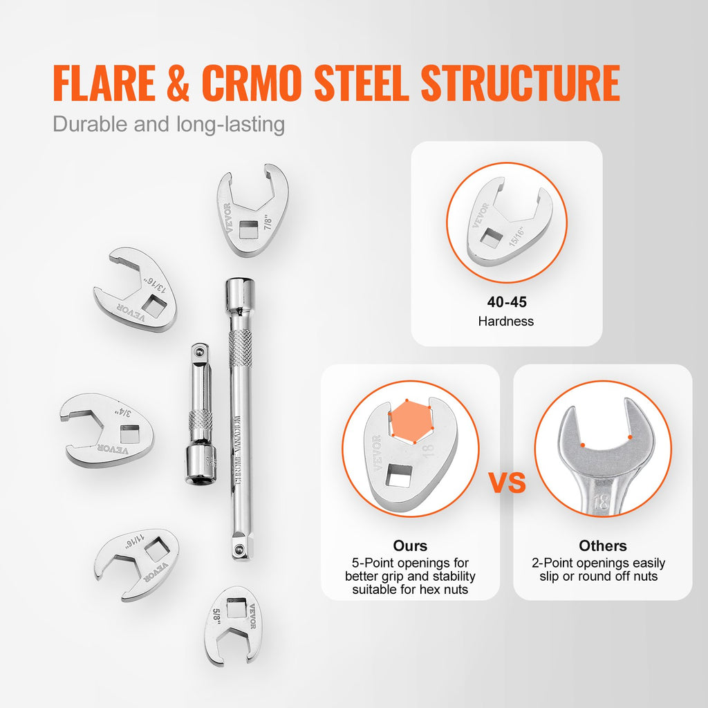 VEVOR 3/8" Drive Crowfoot Wrench Set with 2 Extension Bars, 24-Piece Crows Foot Wrench Set, SAE  3/8"-1" and Metric 10-22 mm, CR-MO Steel Crowfoot Wrench Set, with EVA Tool Organizer