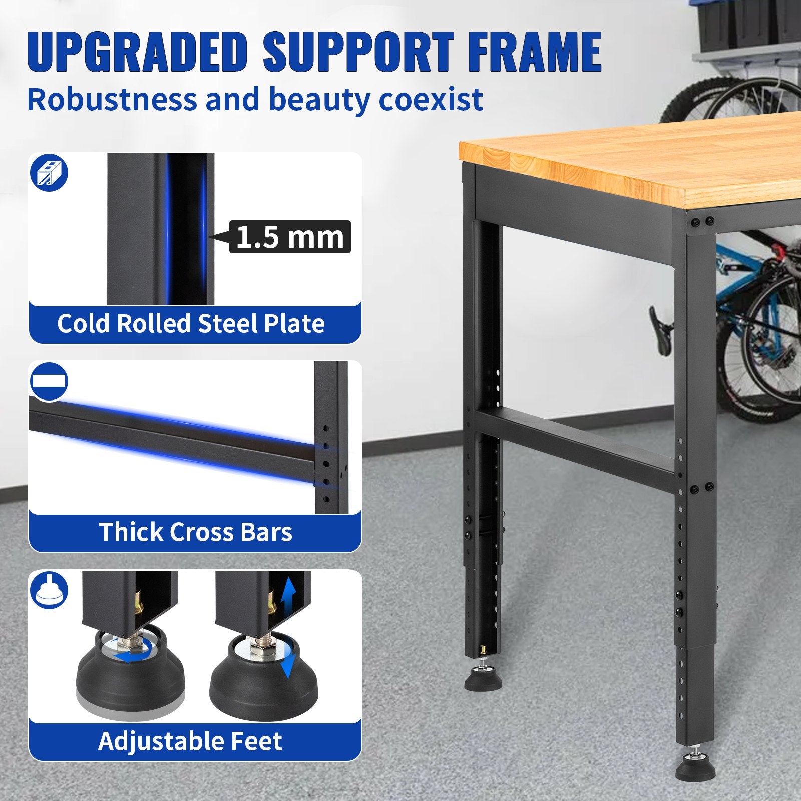 VEVOR Adjustable Workbench, 1220 x 508 x 968 mm Garage Table with 719-968 mm Heights & 900 kg Load Capacity, with Power Outlets & Hardwood Top & Metal Frame & Foot Pads, for Office Home and Garage