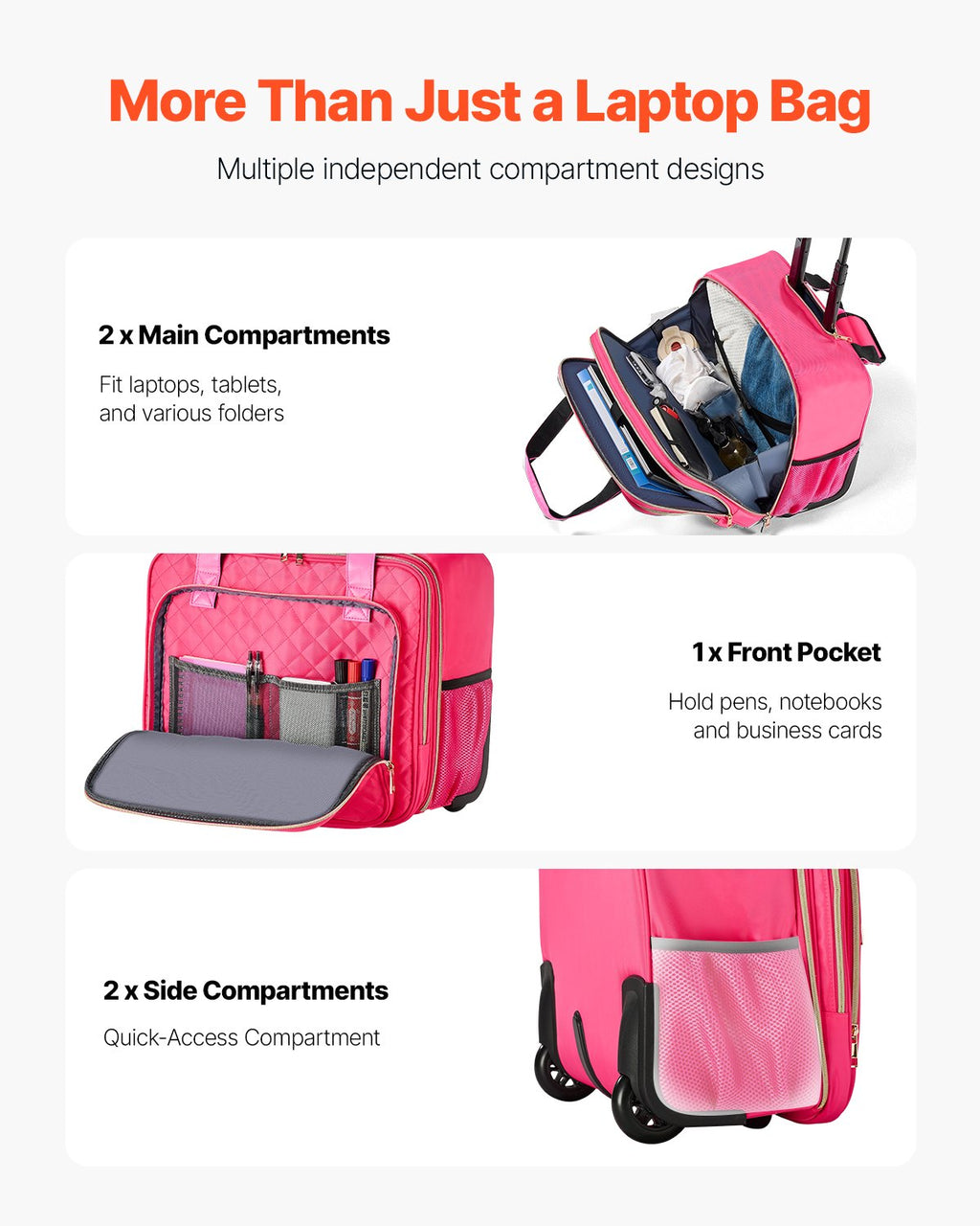 VEVOR Rolling Laptop Bag, Fits Up to 17.3 Inch Laptop, Wheeled Briefcase, Roller Computer Tote Bag with 2 Fixed Wheels & Telescoping Handle, Laptop Case for Work Travel Business Office, Red