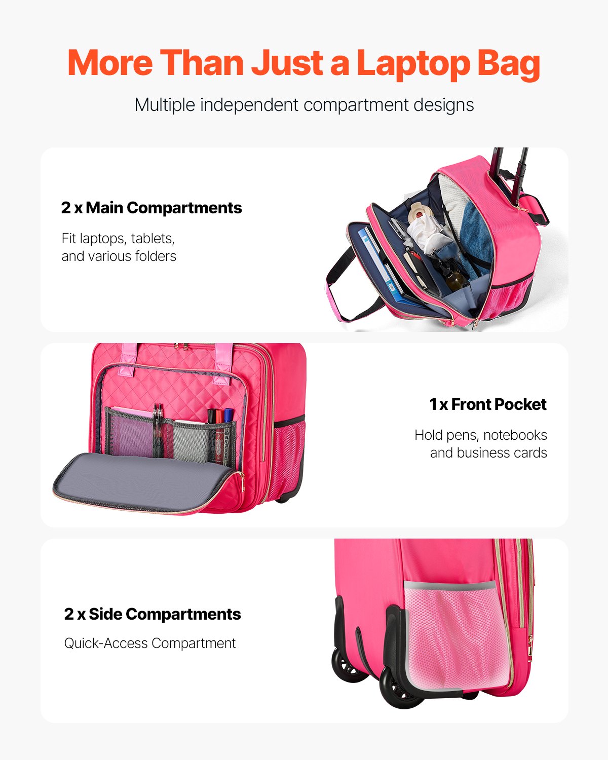 VEVOR Rolling Laptop Bag, Fits Up to 17.3 Inch Laptop, Wheeled Briefcase, Roller Computer Tote Bag with 2 Fixed Wheels & Telescoping Handle, Laptop Case for Work Travel Business Office, Red