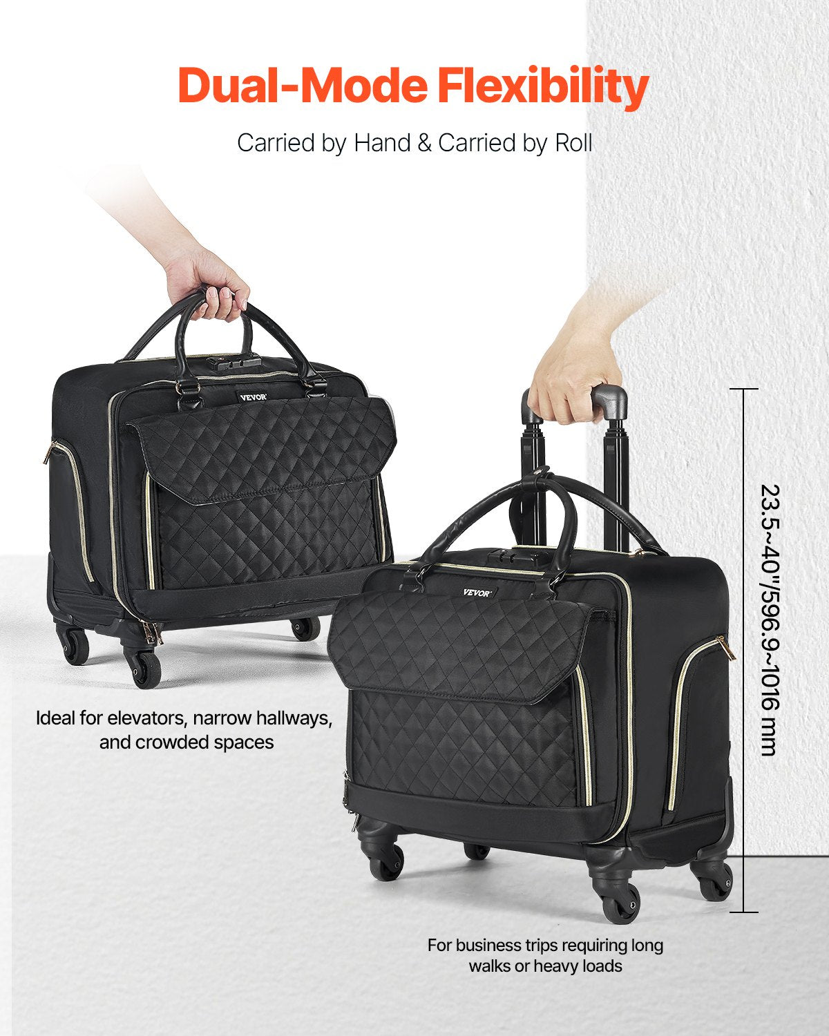 VEVOR Rolling Laptop Bag, Fits Up to 17.3 Inch Laptop, Wheeled Briefcase, Roller Computer Tote Bag with 4 Spinner Wheels & TSA Lock, Laptop Case for Work Travel Business, Women & Men (Black Gold)