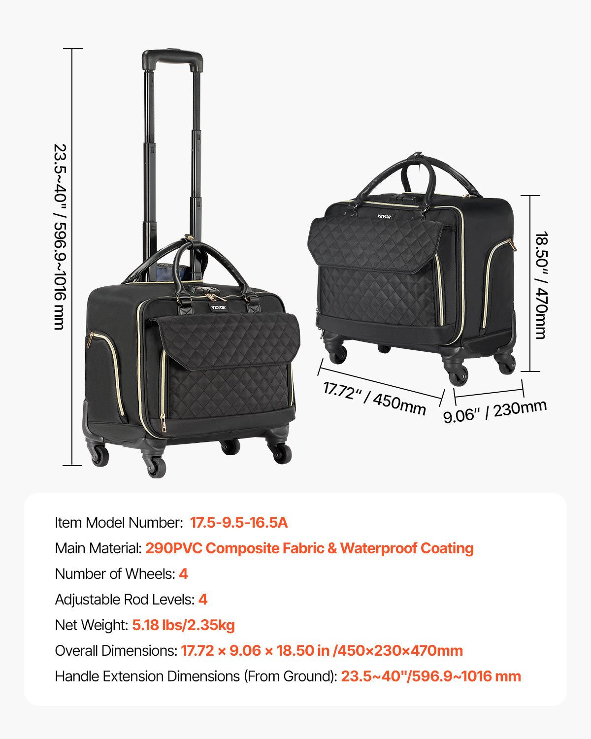 VEVOR Rolling Laptop Bag, Fits Up to 17.3 Inch Laptop, Wheeled Briefcase, Roller Computer Tote Bag with 4 Spinner Wheels & TSA Lock, Laptop Case for Work Travel Business, Women & Men (Black Gold)