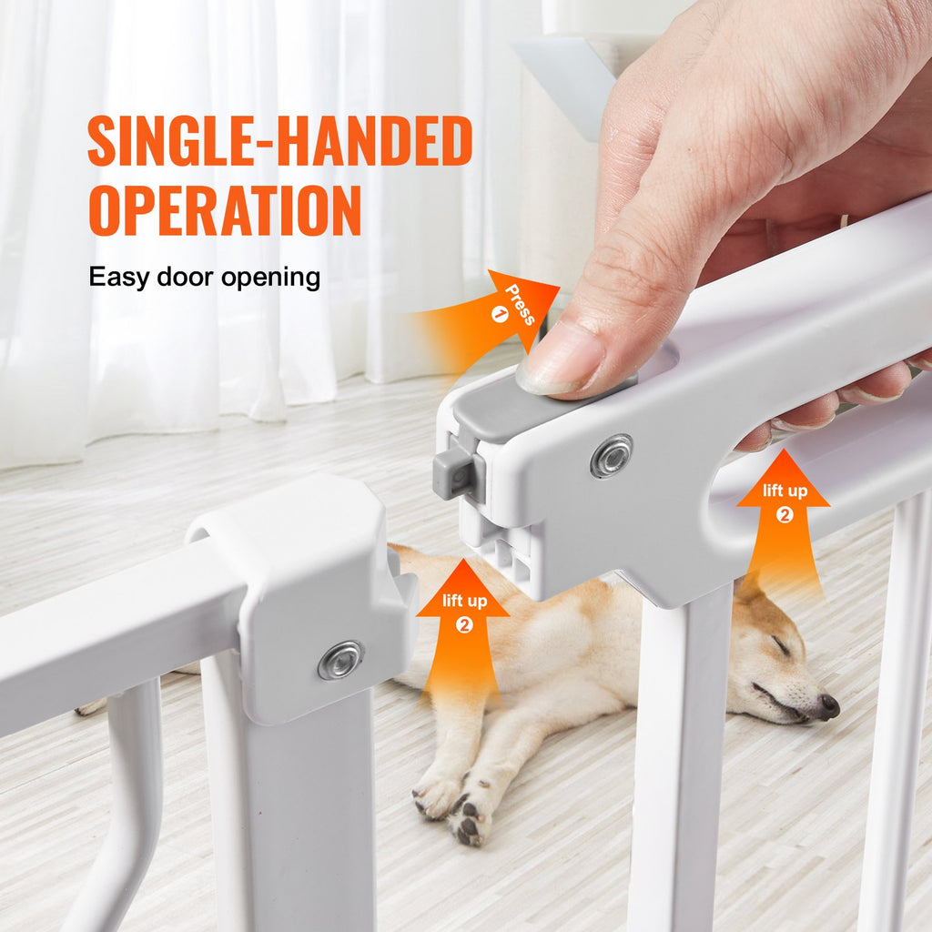 VEVOR Baby Gate, 749-1346 mm Extra Wide, 762 mm High, Dog Gate for Stairs Doorways and House, Easy Step Walk Thru Auto Close Child Gate Pet Security Gate with Pressure Mount and Wall Mount Kit, White