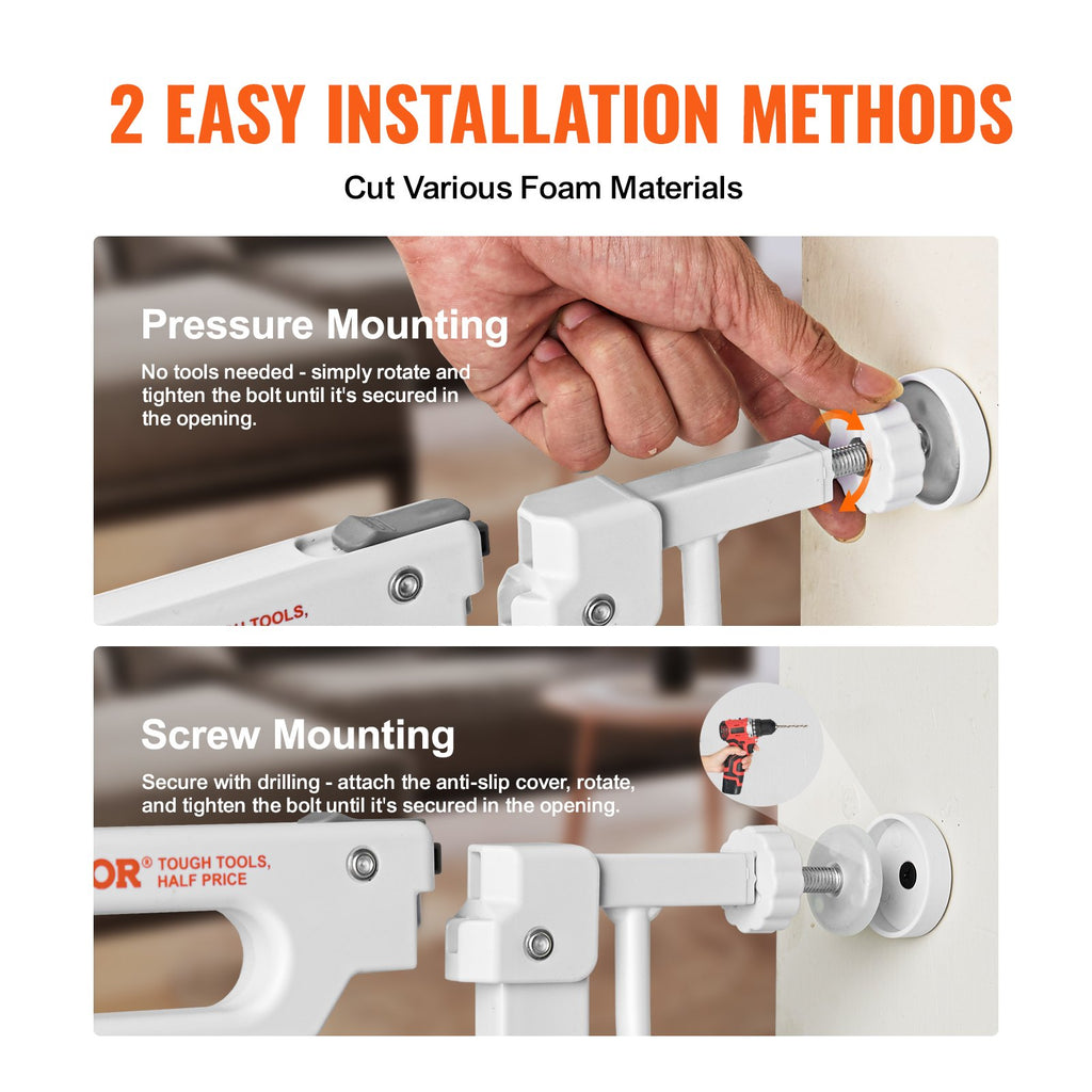 VEVOR Baby Gate, 749-1346 mm Extra Wide, 762 mm High, Dog Gate for Stairs Doorways and House, Easy Step Walk Thru Auto Close Child Gate Pet Security Gate with Pressure Mount and Wall Mount Kit, White
