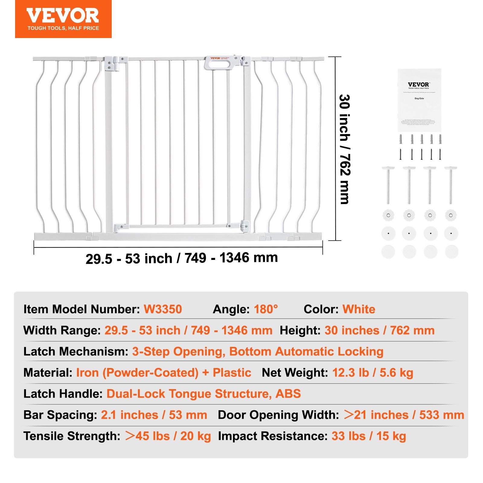 VEVOR Baby Gate, 749-1346 mm Extra Wide, 762 mm High, Dog Gate for Stairs Doorways and House, Easy Step Walk Thru Auto Close Child Gate Pet Security Gate with Pressure Mount and Wall Mount Kit, White