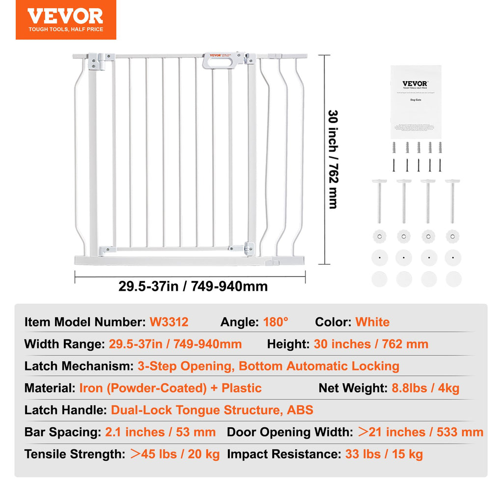VEVOR Baby Gate, 749-990 mm Extra Wide, 762 mm High, Dog Gate for Stairs Doorways and House, Easy Step Walk Thru Auto Close Child Gate Pet Security Gate with Pressure Mount Kit & Wall Mount Kit, White