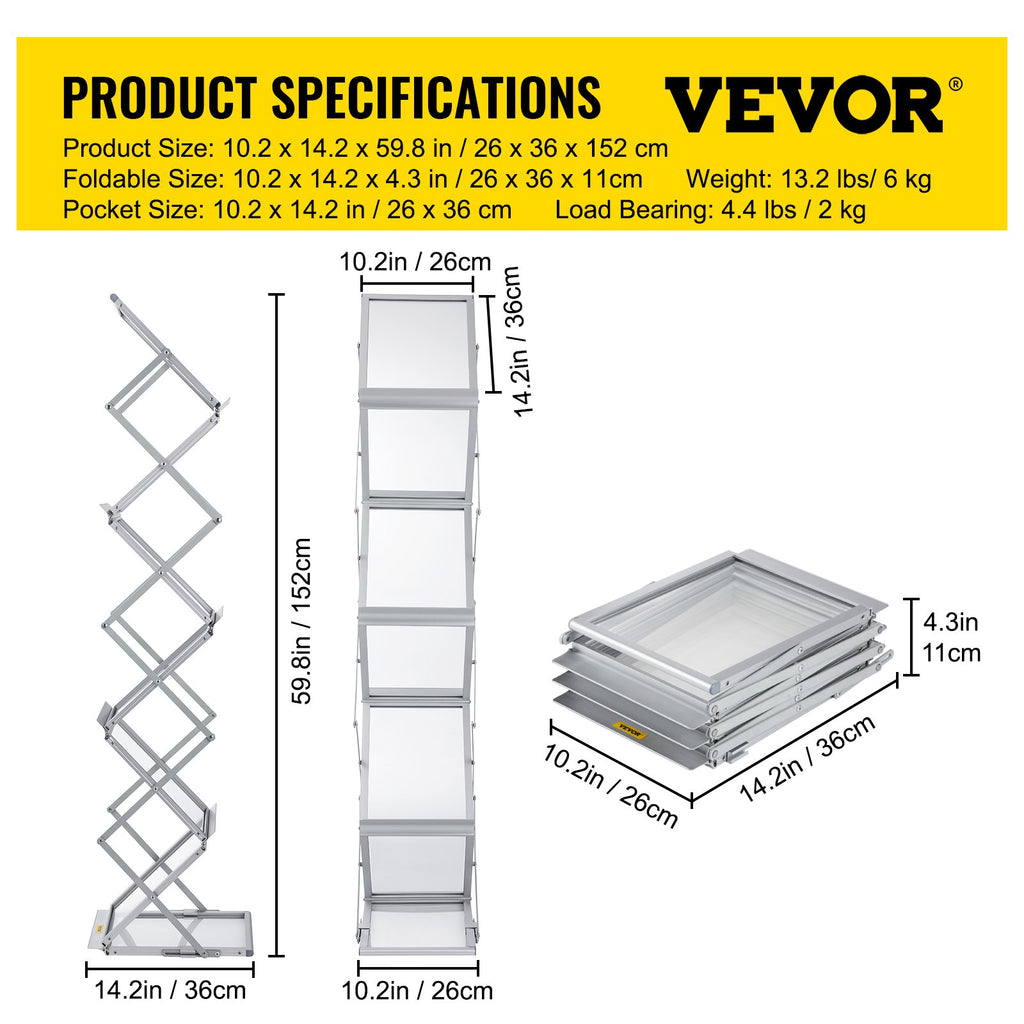 VEVOR Literature Rack, 6 Pockets, Pop up Aluminum Magazine Rack, Lightweight Catalog Holder Stand w/Carrying Bag for Living Room, Hotel, Trade Show, Exhibition, Office