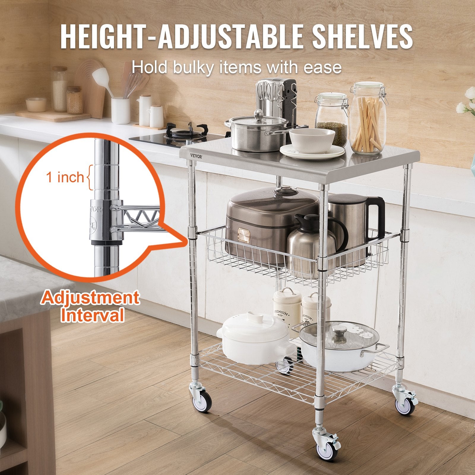 VEVOR Kitchen Utility Cart, 3 Tiers, Wire Rolling Cart with 213kg Capacity, Steel Service Cart on Wheels, Metal Storage Trolley with 76mm Basket Curved Handle PP Liner 6 Hooks, for Indoor and Outdoor