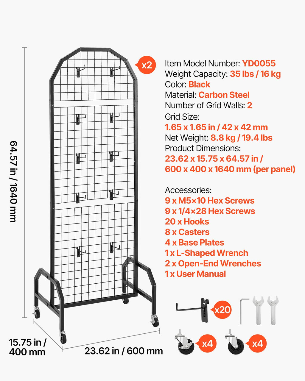 VEVOR 2 Packs Grid Wall Panels, 600 x 1640mm Wire Grid Panels Display Rack, Movable Art Display Shelf with Wheels and 20 Hooks, Black Carbon Steel Gridwall for Craft Show, Decor, Storage, Notice Board
