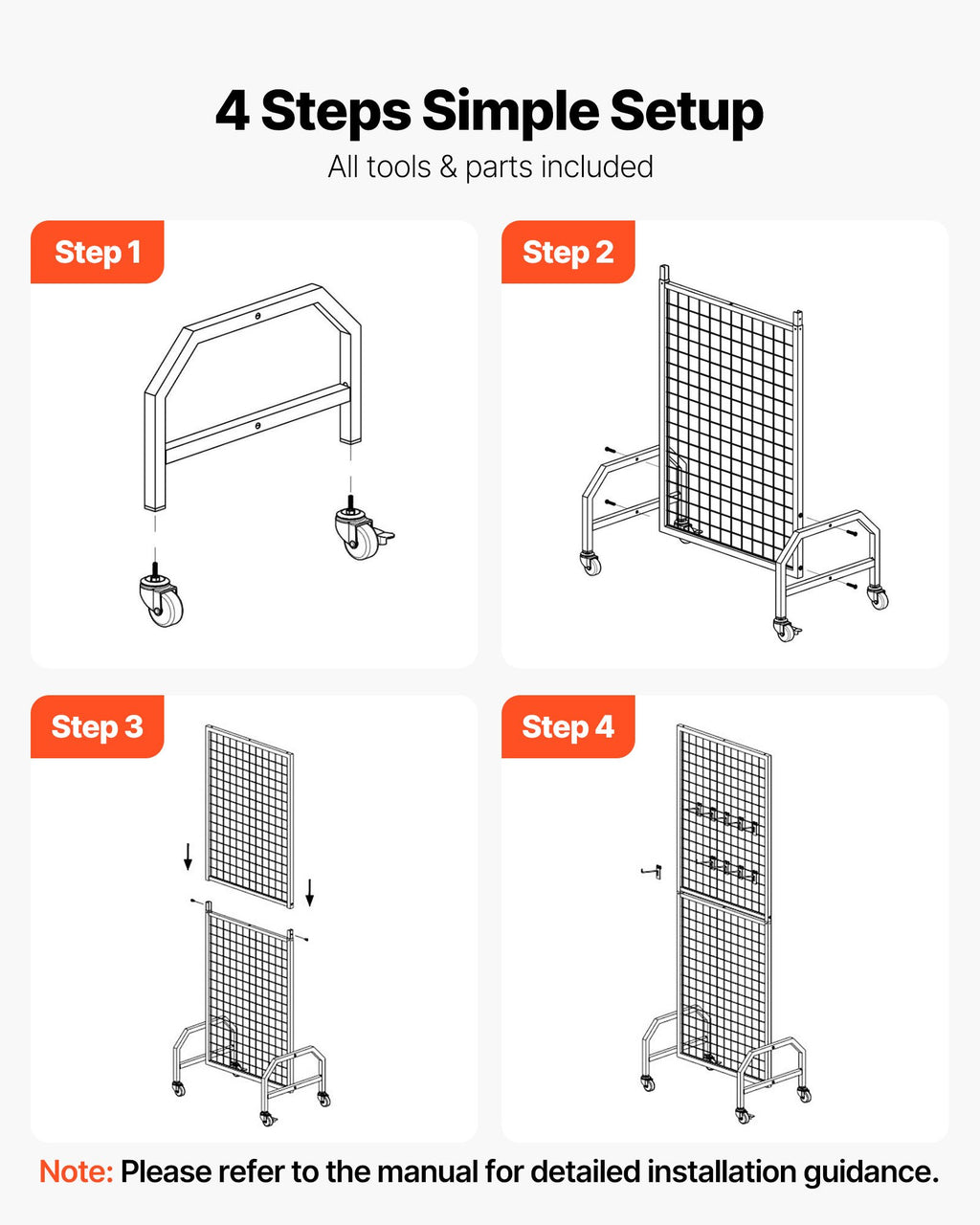 VEVOR 3 Packs Grid Wall Panels, 600 x 1640mm Wire Grid Panels Display Rack, Movable Art Display Shelf with Wheels and 30 Hooks, Black Carbon Steel Gridwall for Craft Show, Decor, Storage, Notice Board